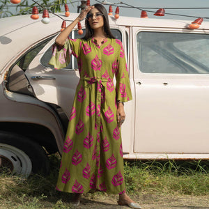 Mehendi Green Casual Ankle Length Printed Rayon Gown With Belt - Peachmode