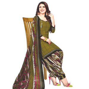 Mehendi Green Casual Wear Checks Printed Leon Patiala Dress Material - Peachmode