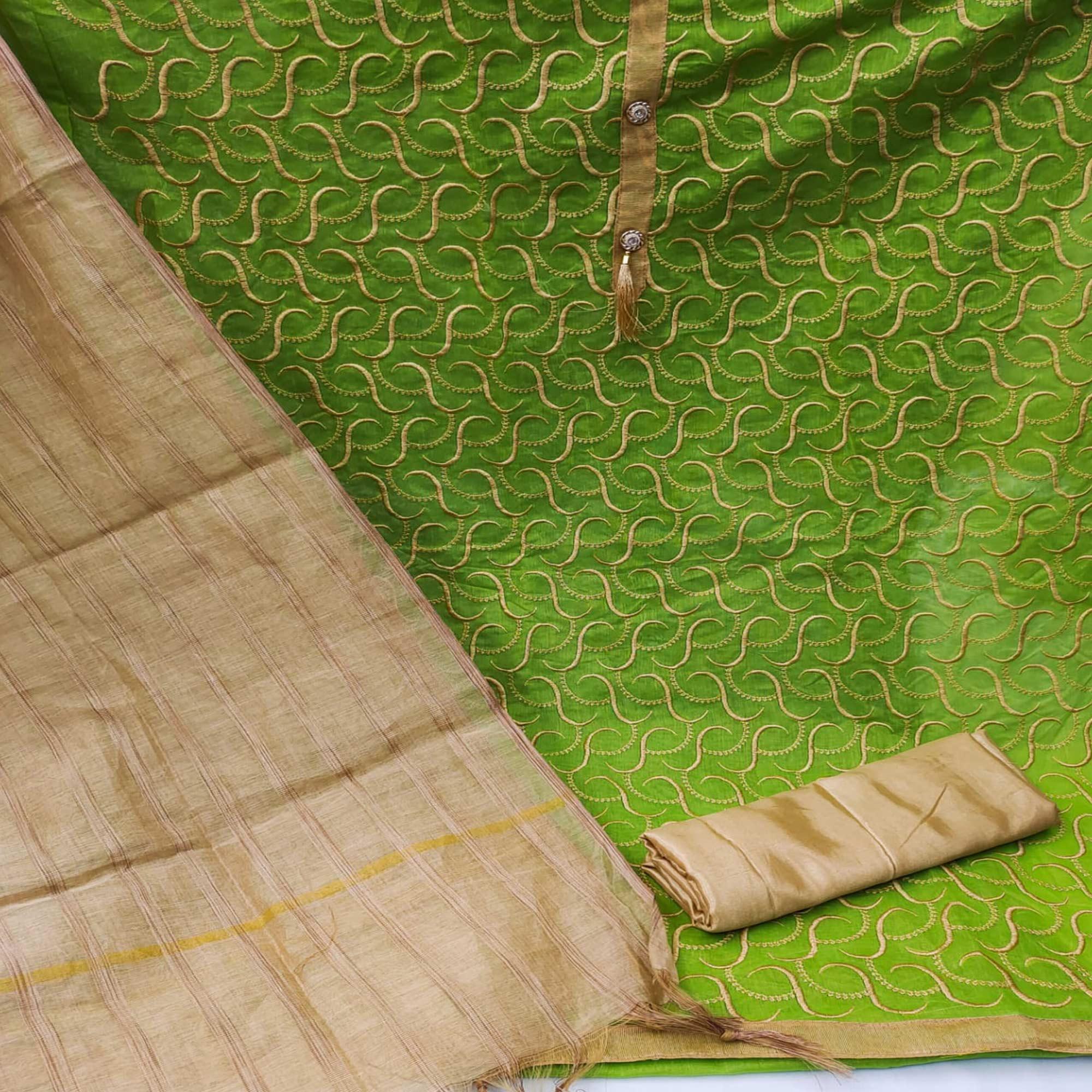 Mehendi Green Casual Wear Embroidered Chanderi Dress Material - Peachmode