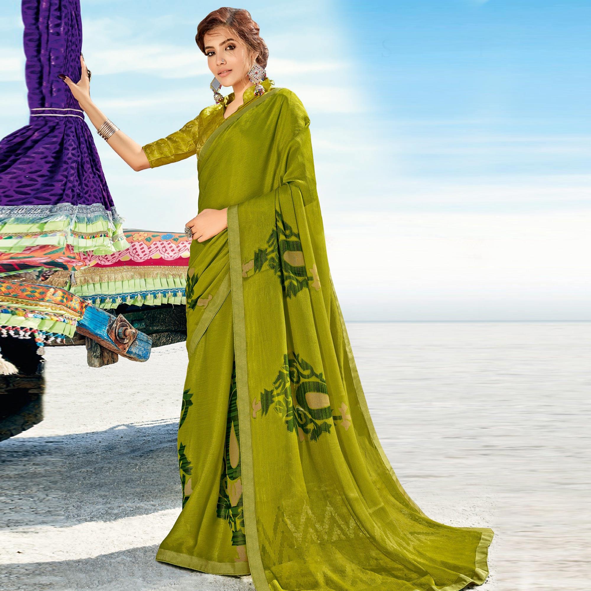 Mehendi Green Casual Wear Printed Brasso Saree - Peachmode
