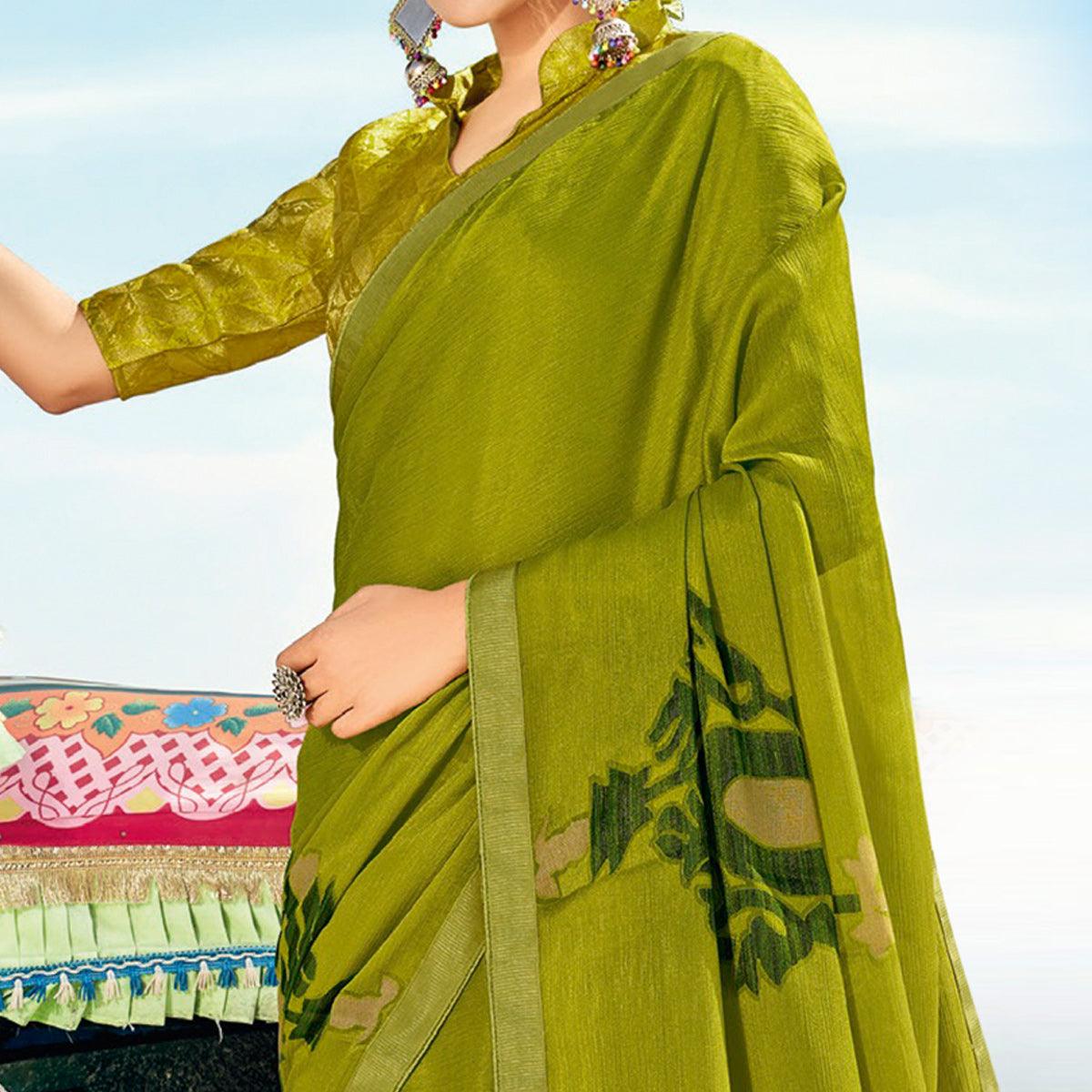 Mehendi Green Casual Wear Printed Brasso Saree - Peachmode
