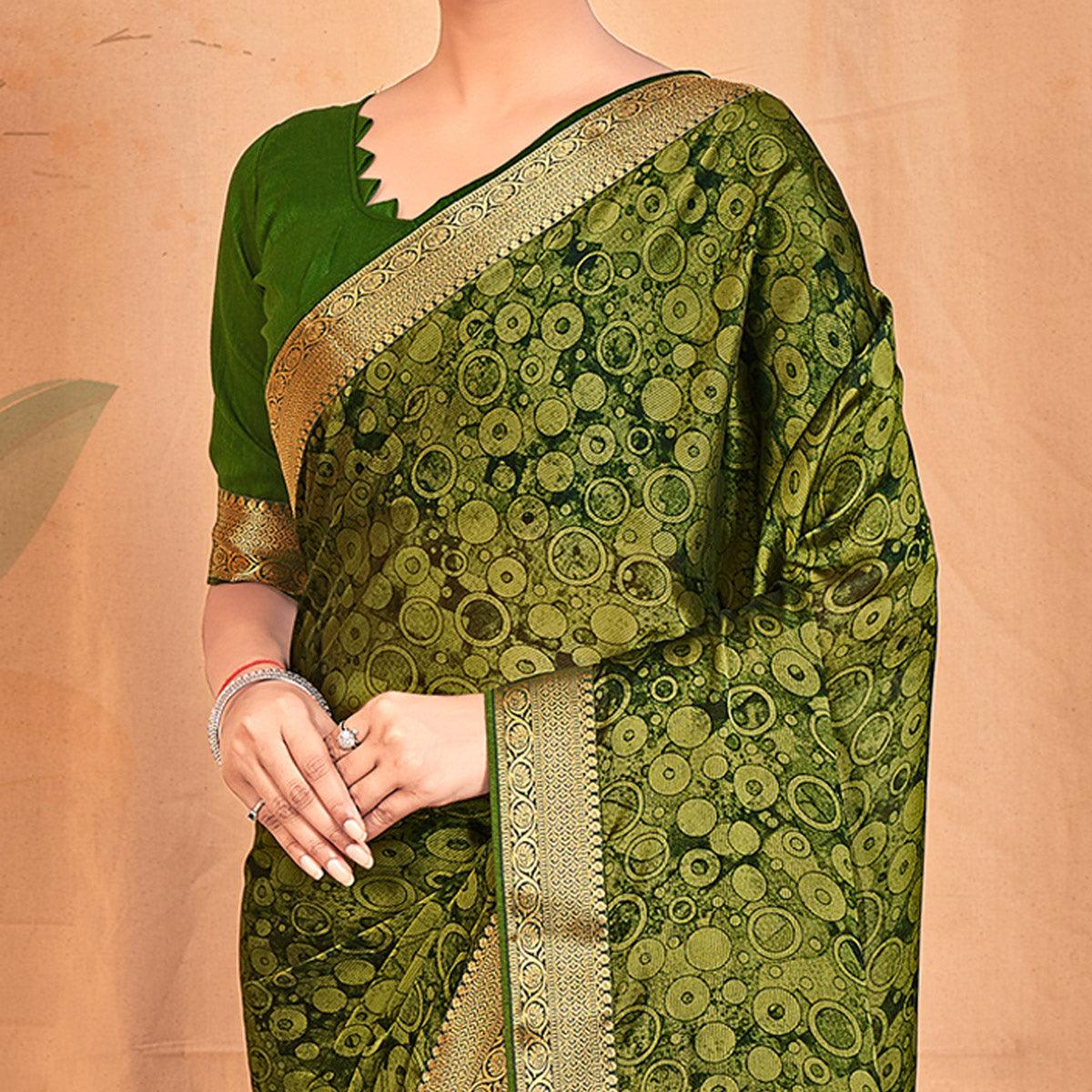 Mehendi Green Casual Wear Printed Chiffon Saree With Banarasi Lace - Peachmode