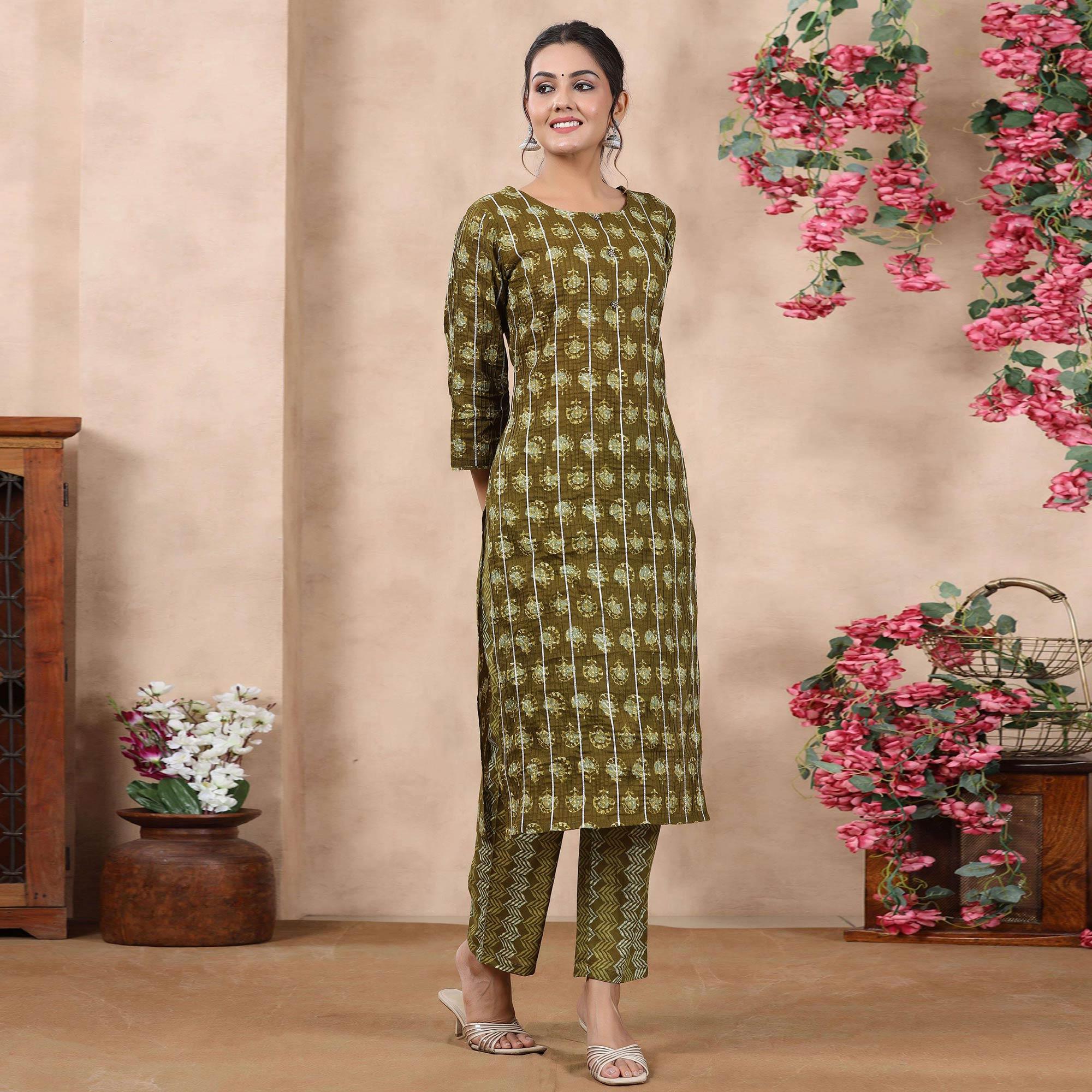 Mehendi Green Casual Wear Printed Cotton Kurti - Pant Set - Peachmode