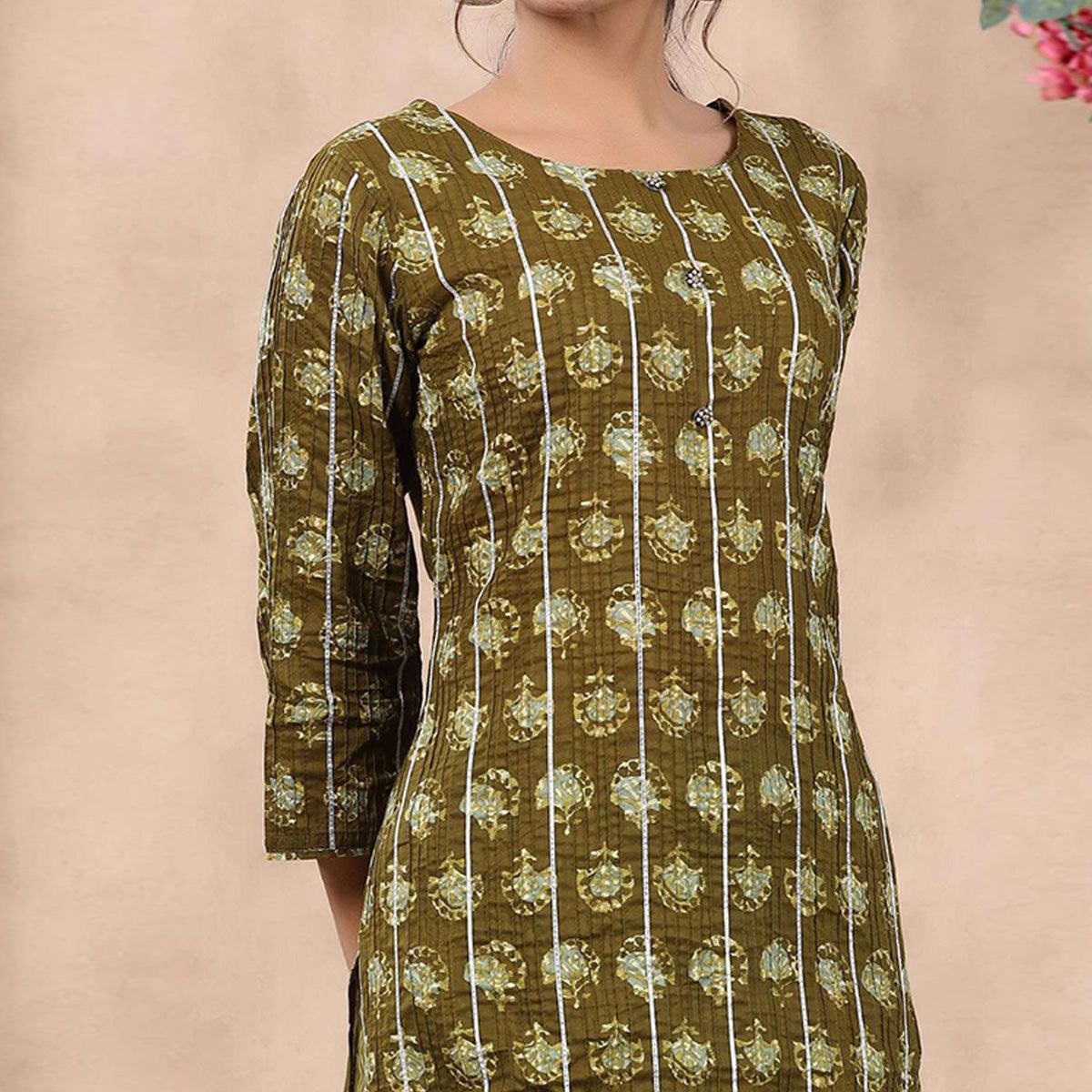 Mehendi Green Casual Wear Printed Cotton Kurti - Pant Set - Peachmode