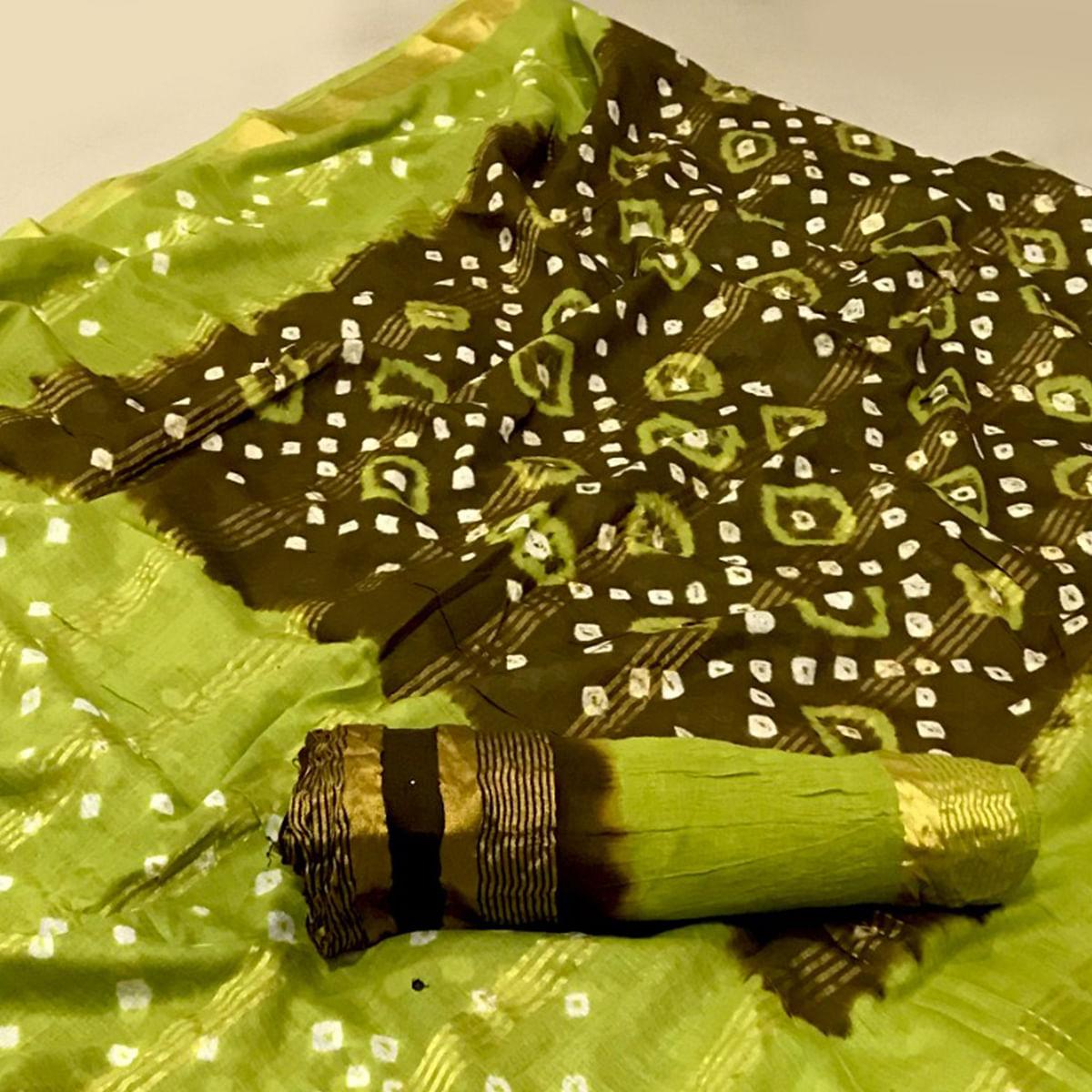 Mehendi Green Casual Wear Printed Pure Cotton Saree - Peachmode