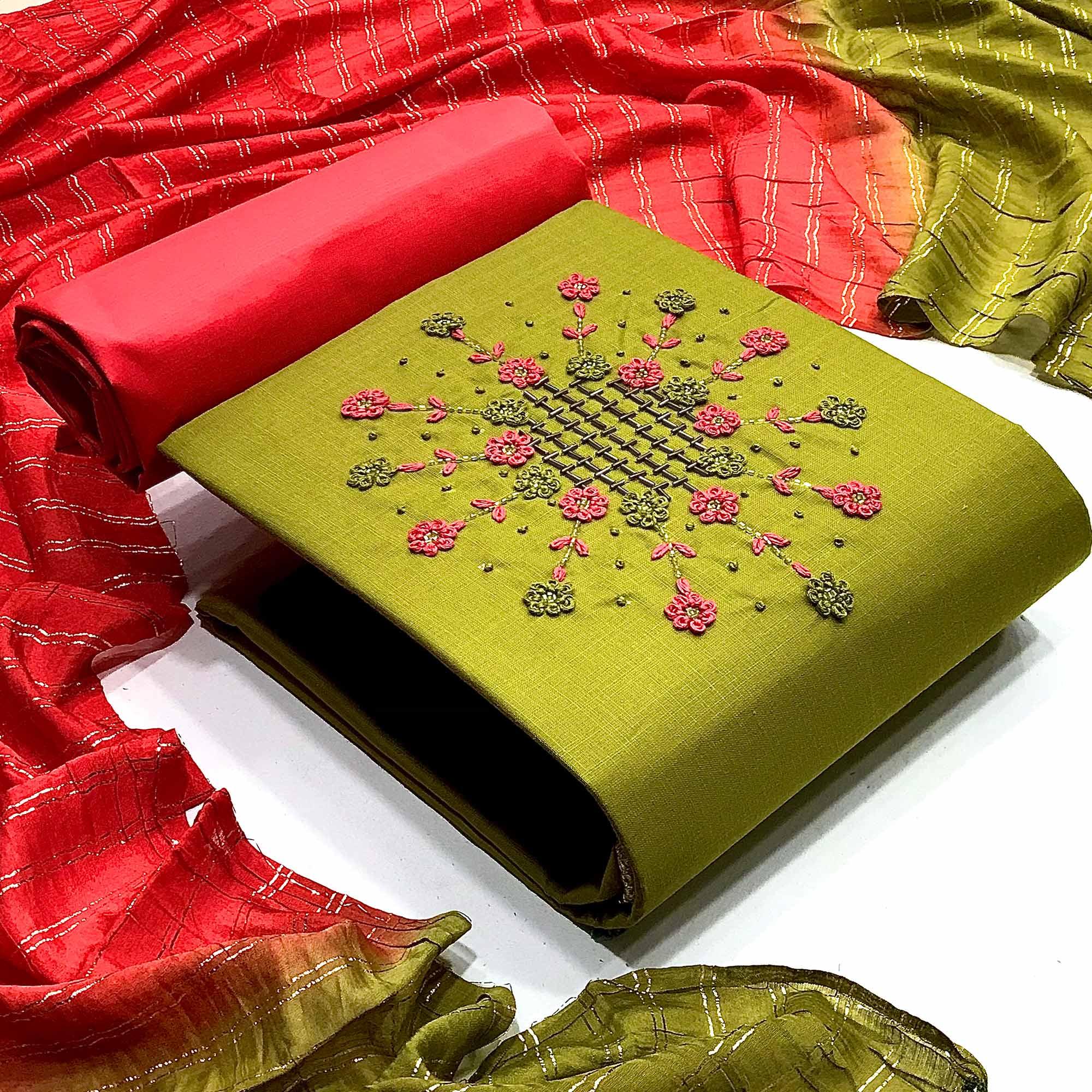 Mehendi Green Casual Wear Thread & Embellished Khatli Work Cotton Dress Material - Peachmode
