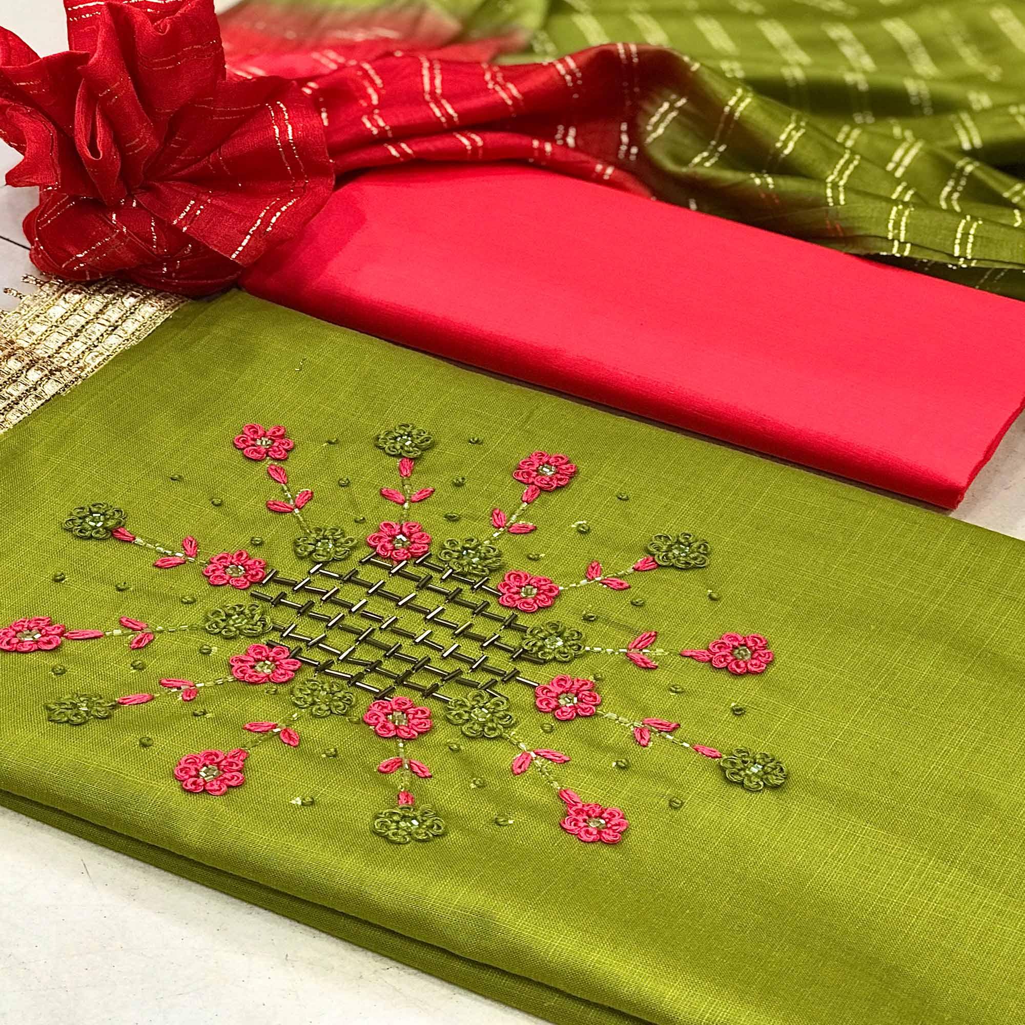 Mehendi Green Casual Wear Thread & Embellished Khatli Work Cotton Dress Material - Peachmode