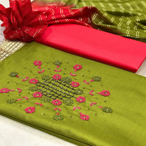 Mehendi Green Casual Wear Thread & Embellished Khatli Work Cotton Dress Material - Peachmode