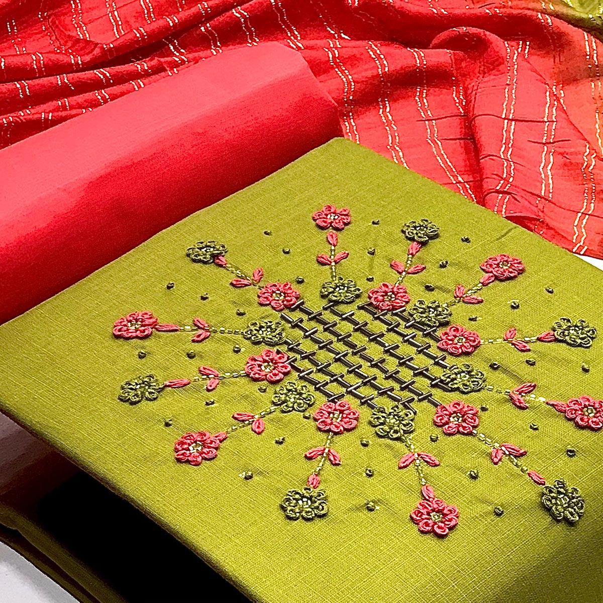 Mehendi Green Casual Wear Thread & Embellished Khatli Work Cotton Dress Material - Peachmode
