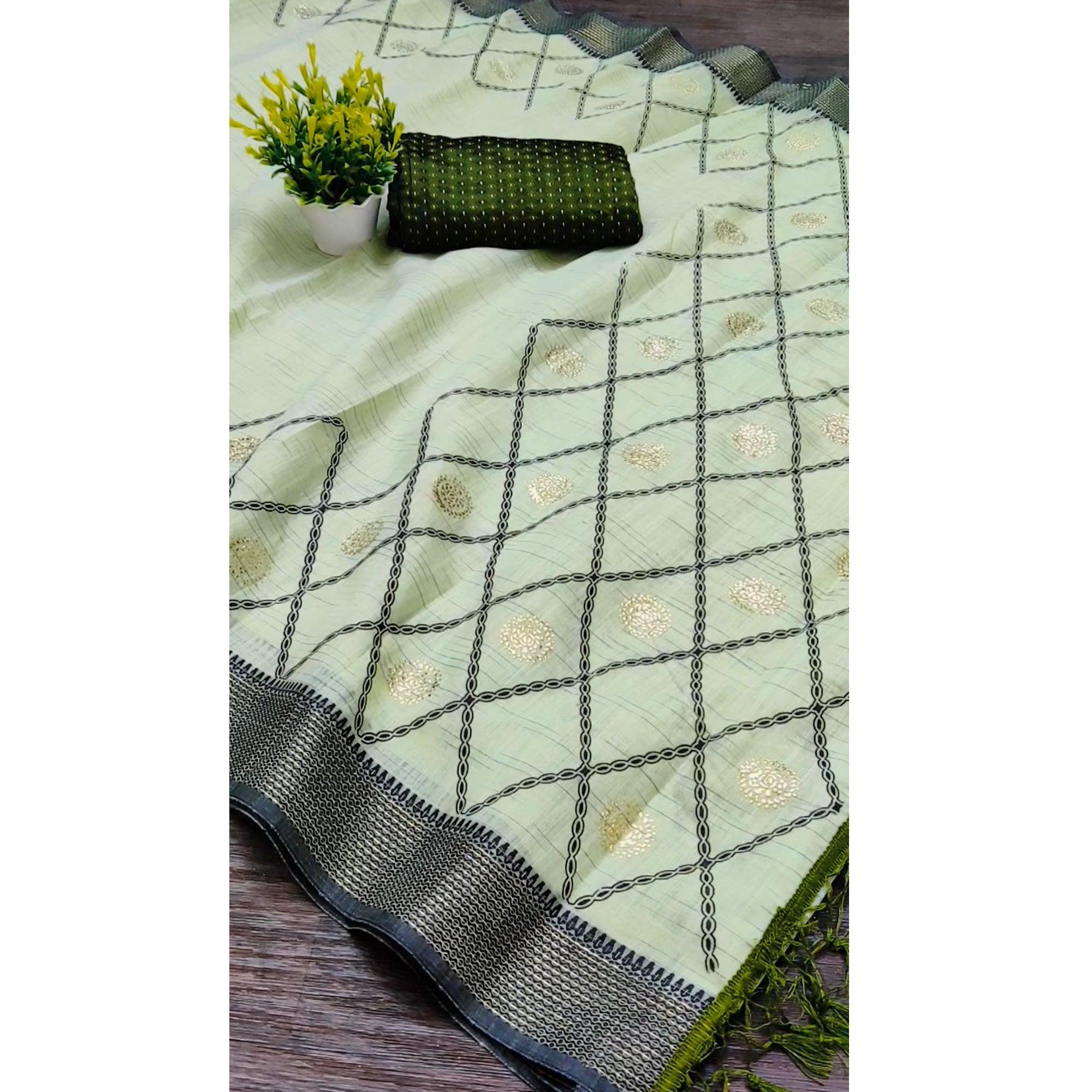 Mehendi Green Casual Wear Woven Cotton Saree With Mukaish Work - Peachmode