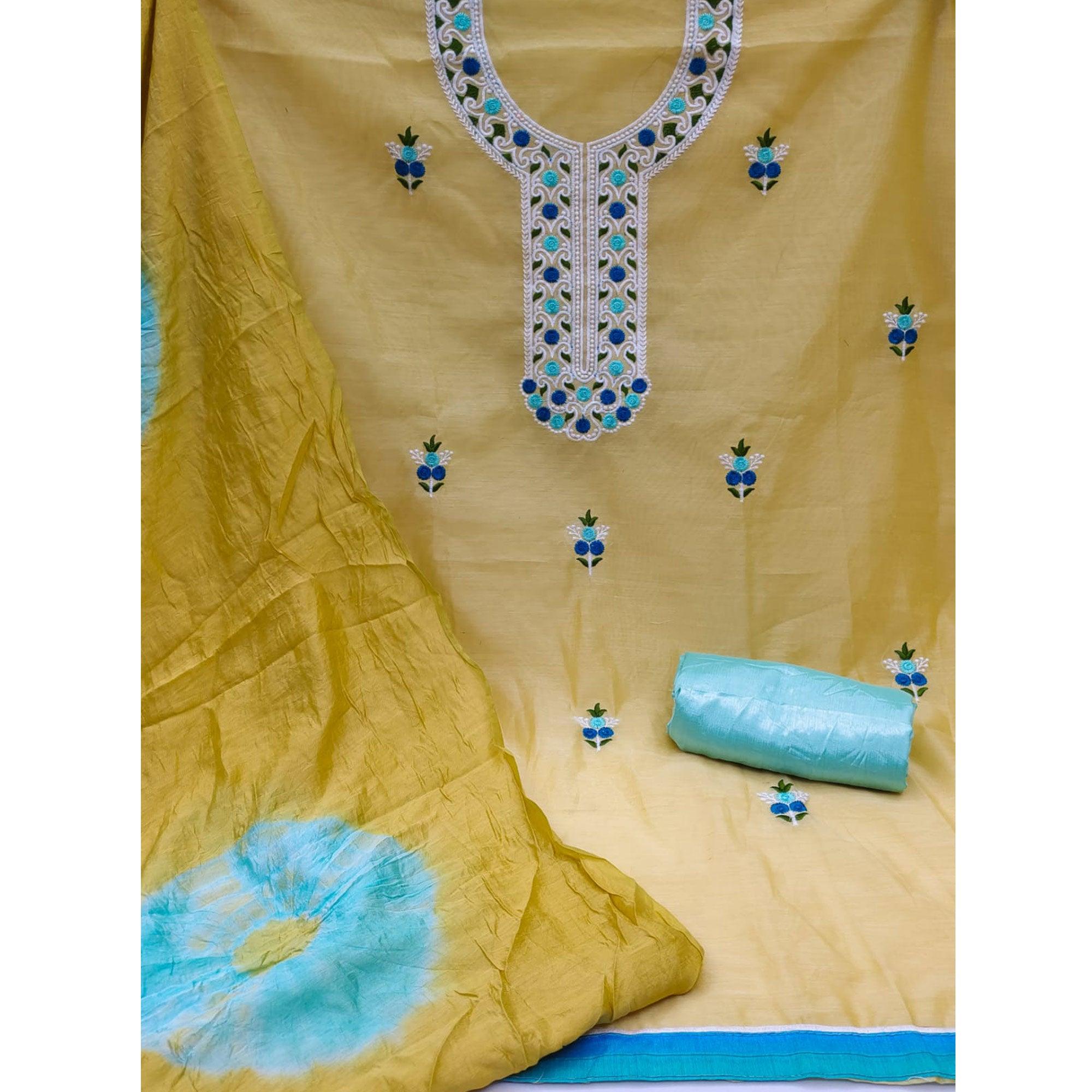 Mehendi Green Embroidered Chanderi Dress Material - Peachmode