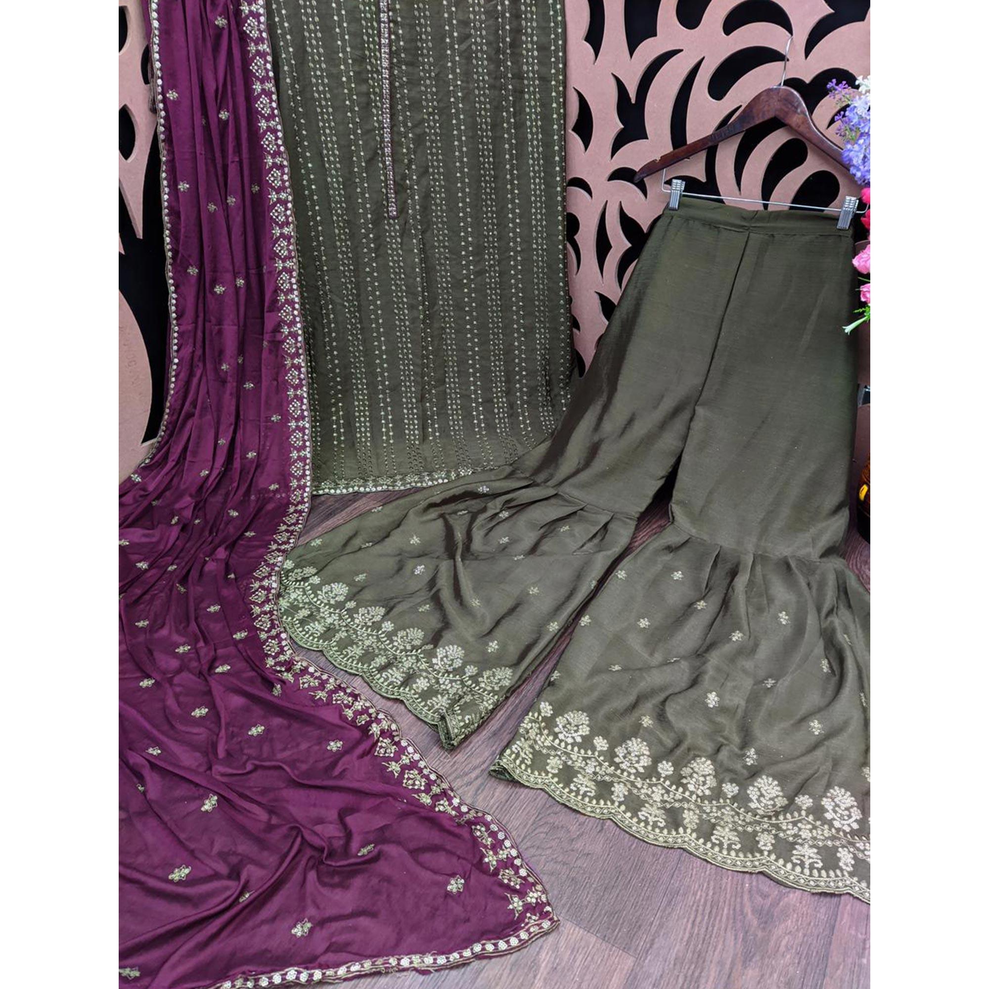 Mehendi Green Embroidered Chiffon Palazzo Suit - Peachmode