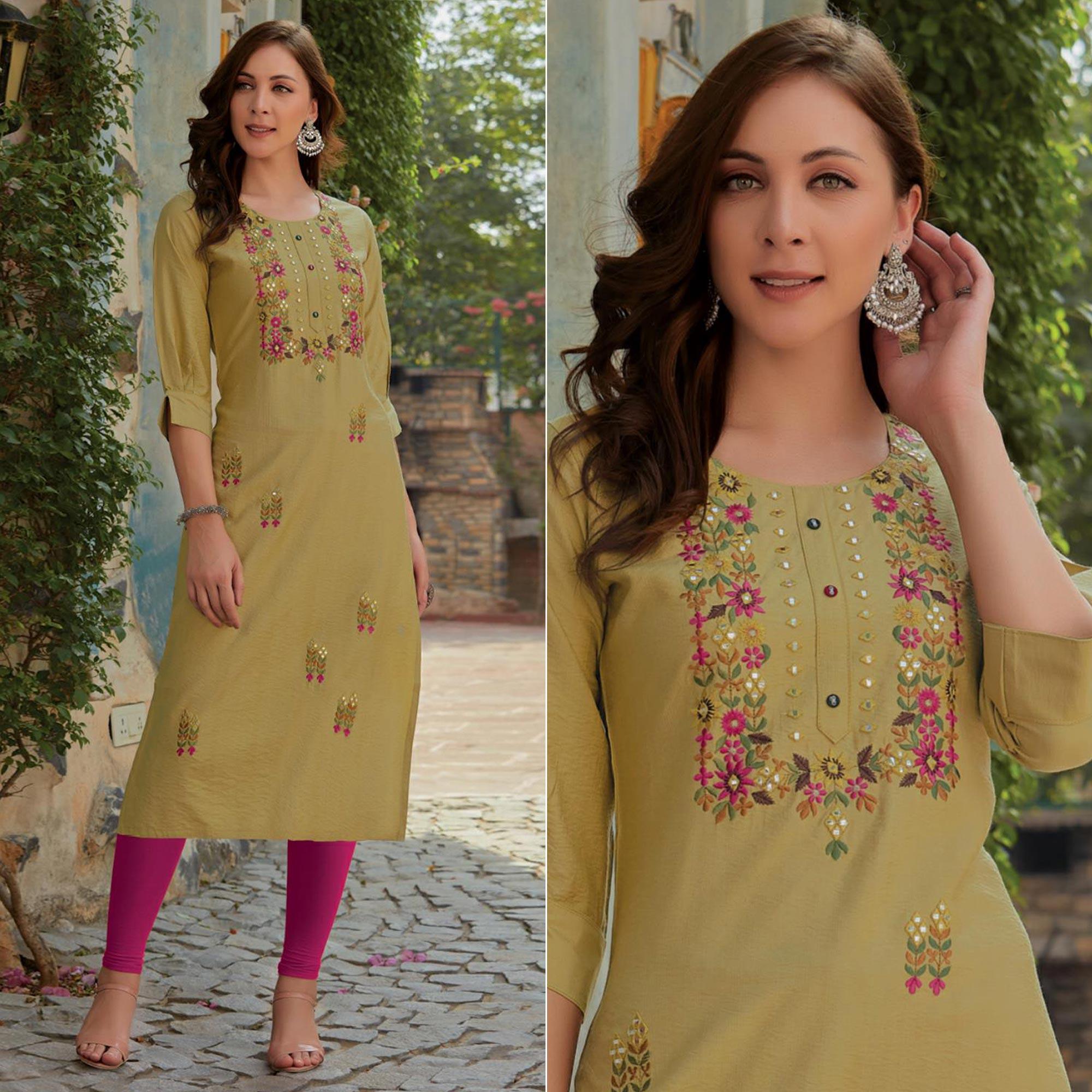 Mehendi Green Embroidered Cotton Silk Kurti - Peachmode