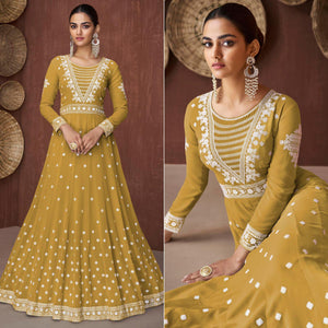 Mehendi Green Embroidered Georgette Gown - Peachmode