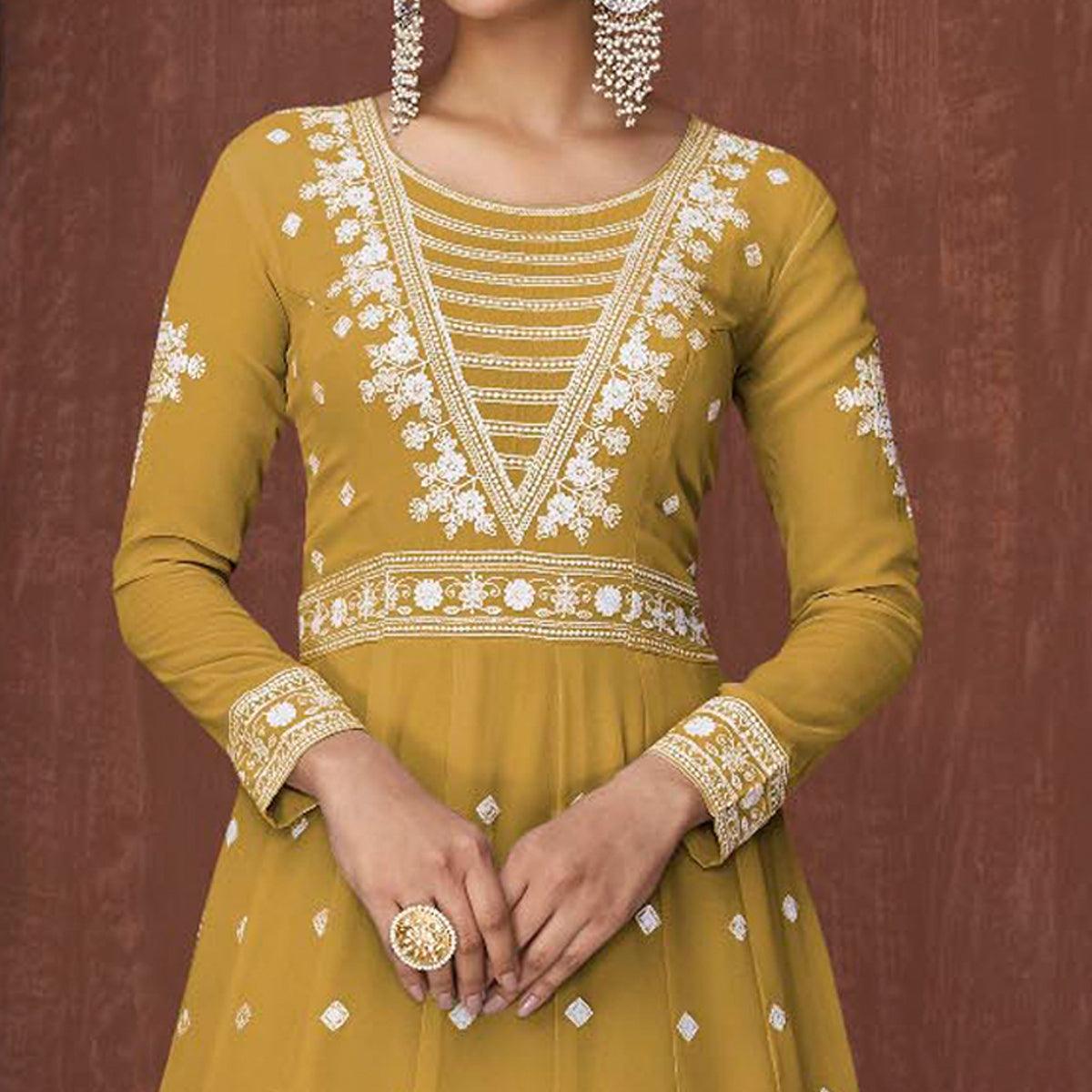 Mehendi Green Embroidered Georgette Gown - Peachmode