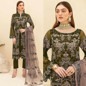 Mehendi Green Embroidered Georgette Pakistani Suit - Peachmode