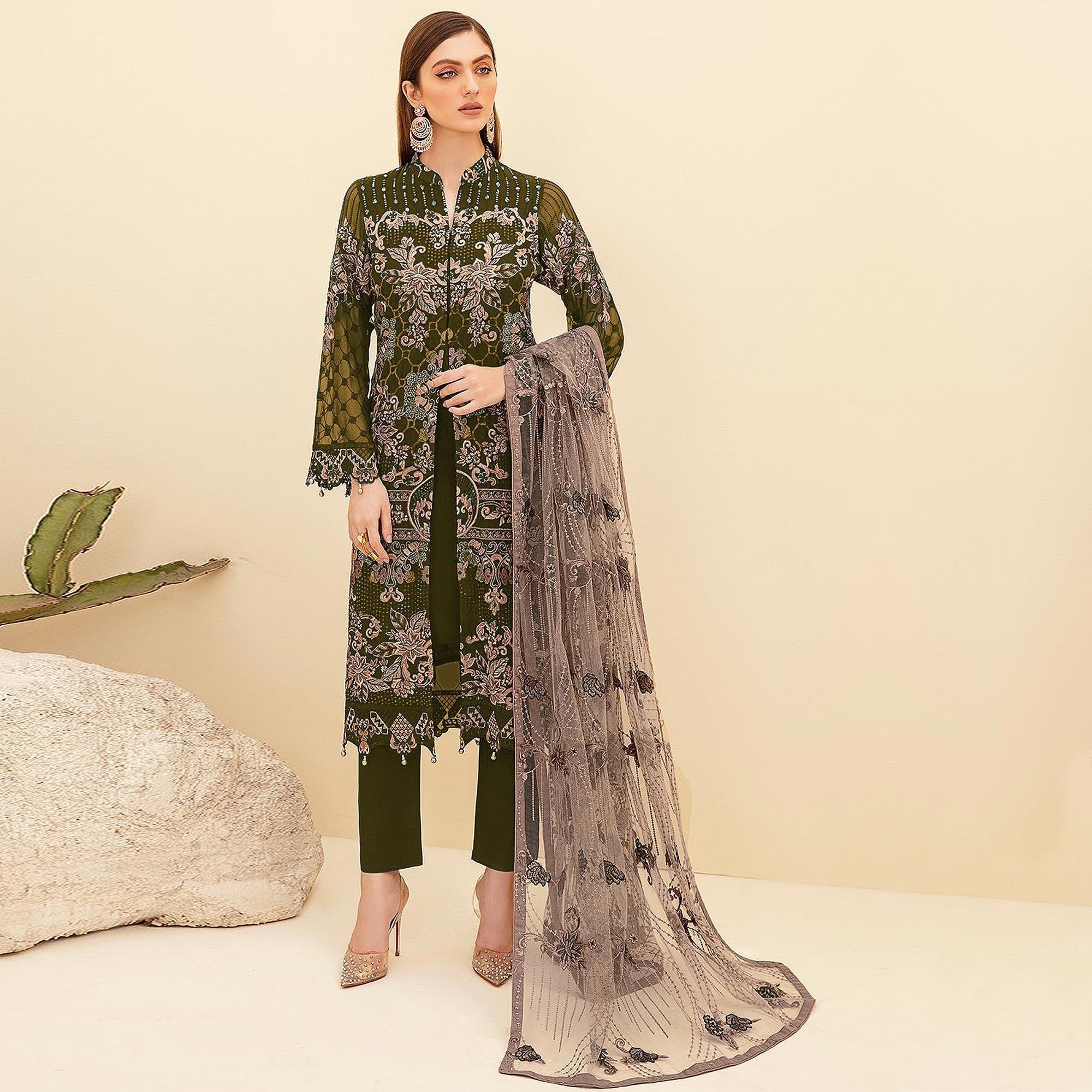 Mehendi Green Embroidered Georgette Pakistani Suit - Peachmode