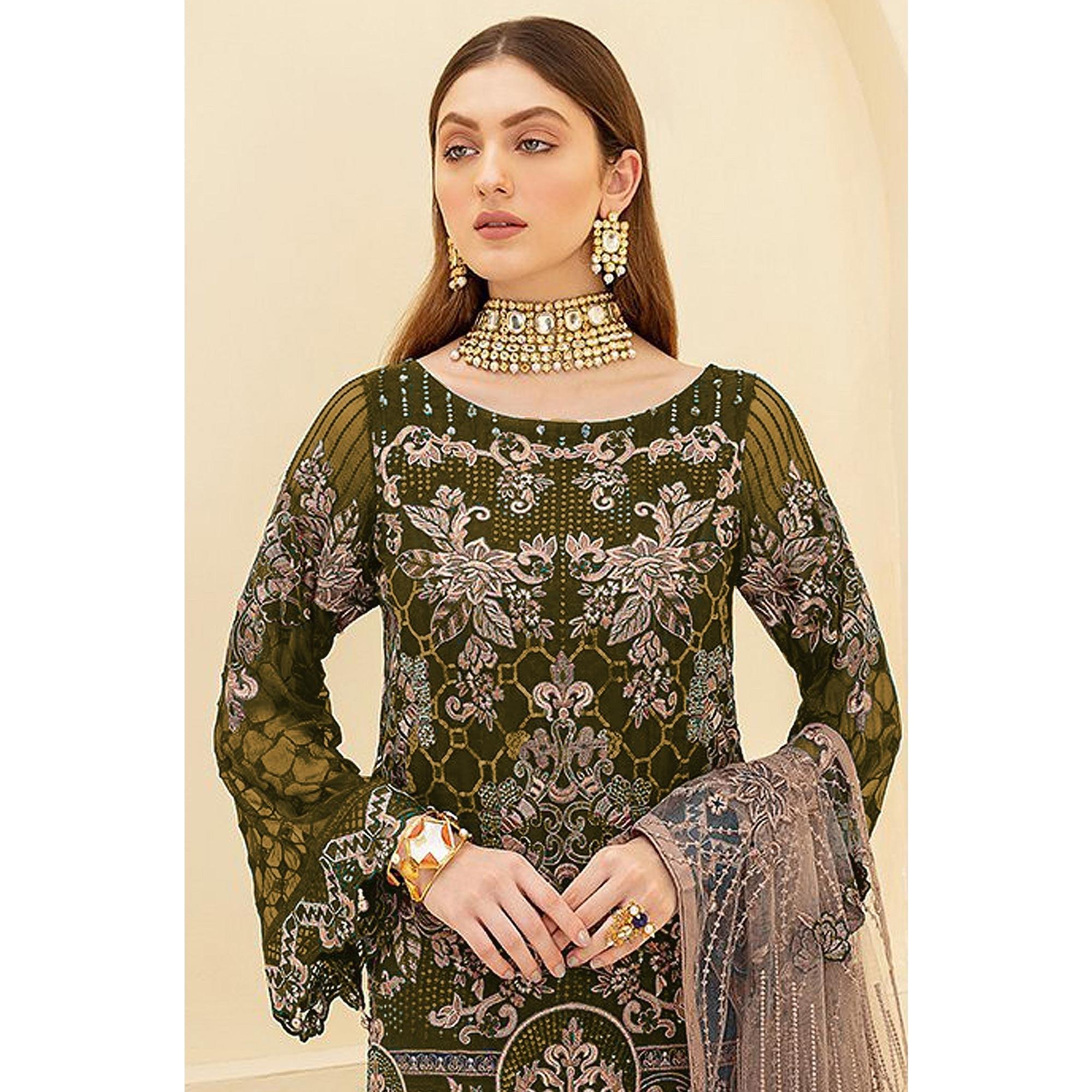 Mehendi Green Embroidered Georgette Pakistani Suit - Peachmode