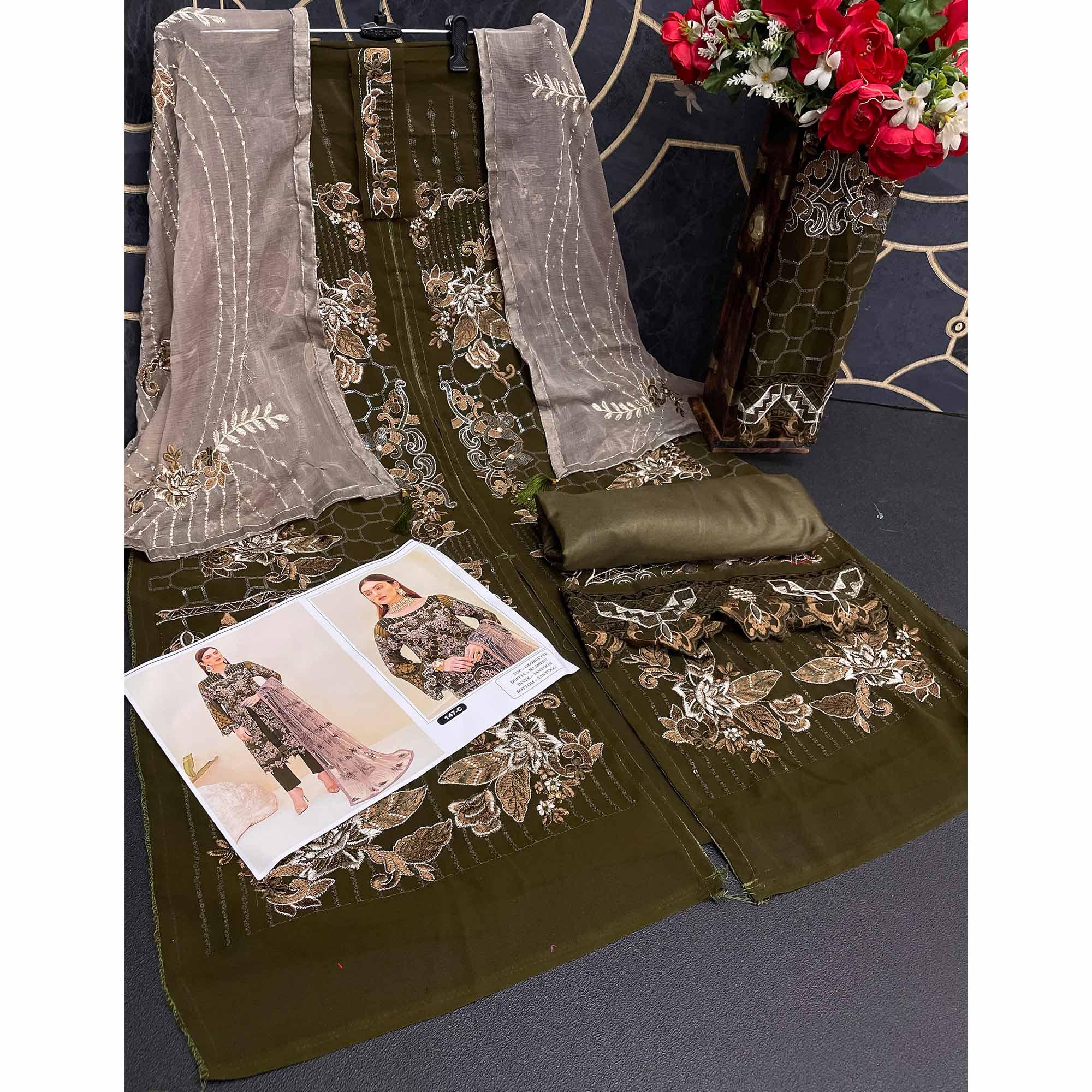 Mehendi Green Embroidered Georgette Pakistani Suit - Peachmode