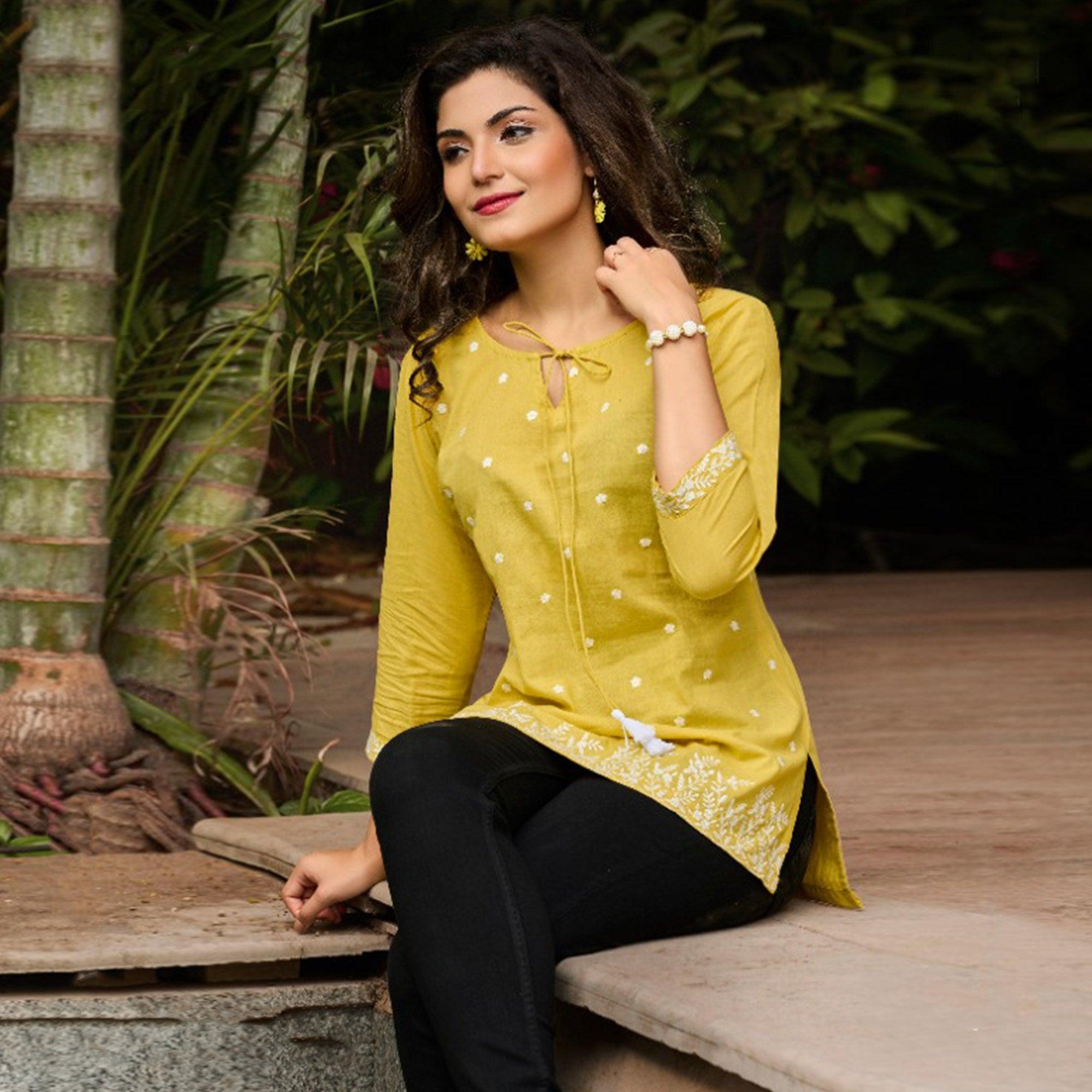 Mehendi Green Embroidered Pure Cotton Top - Peachmode