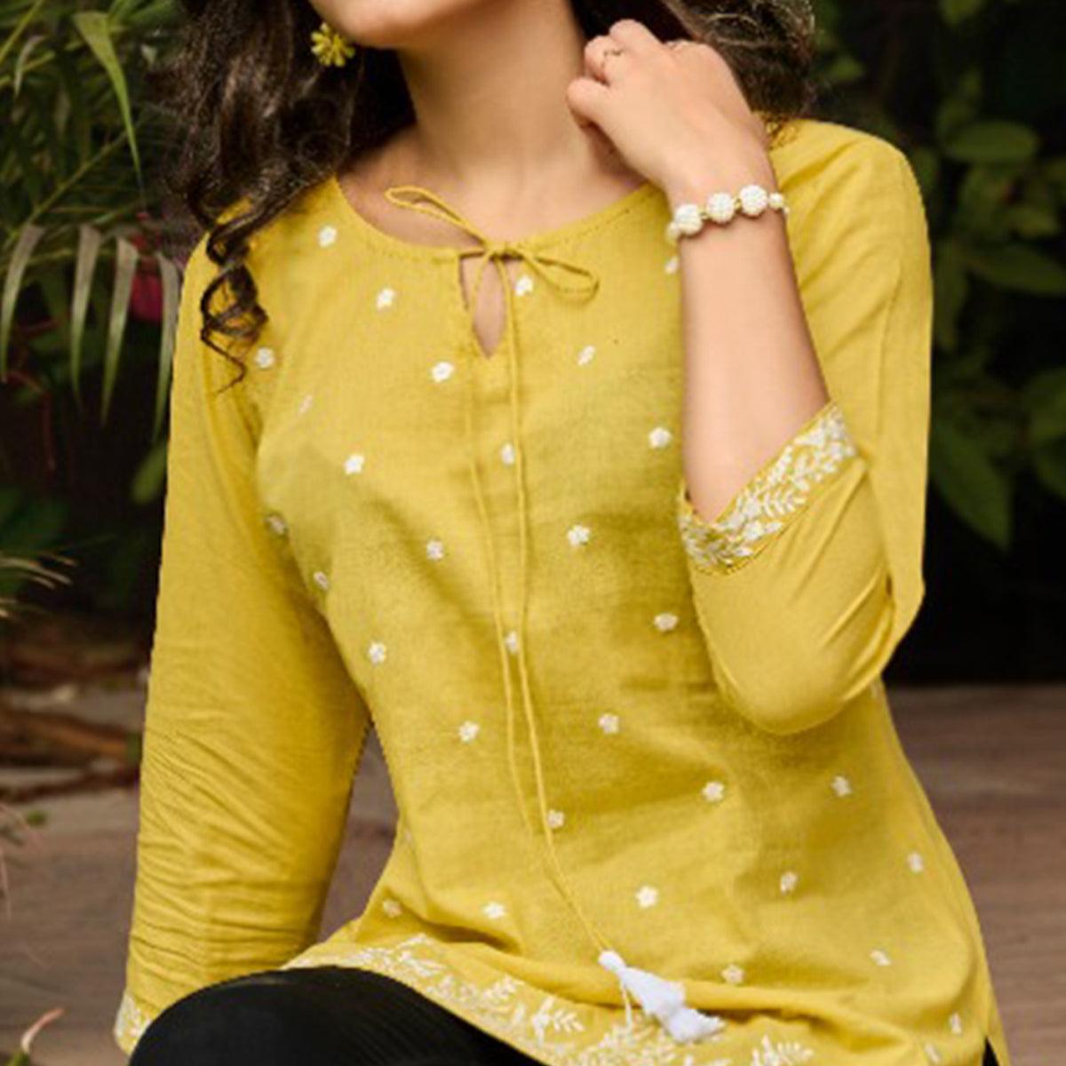Mehendi Green Embroidered Pure Cotton Top - Peachmode