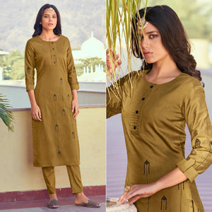 Mehendi Green Embroidered Viscose Kurti Pant Set - Peachmode