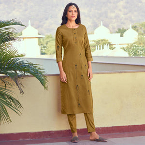 Mehendi Green Embroidered Viscose Kurti Pant Set - Peachmode