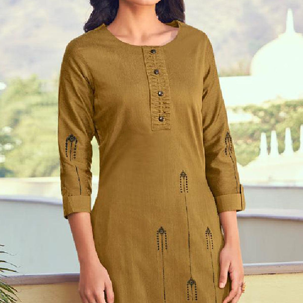 Mehendi Green Embroidered Viscose Kurti Pant Set - Peachmode