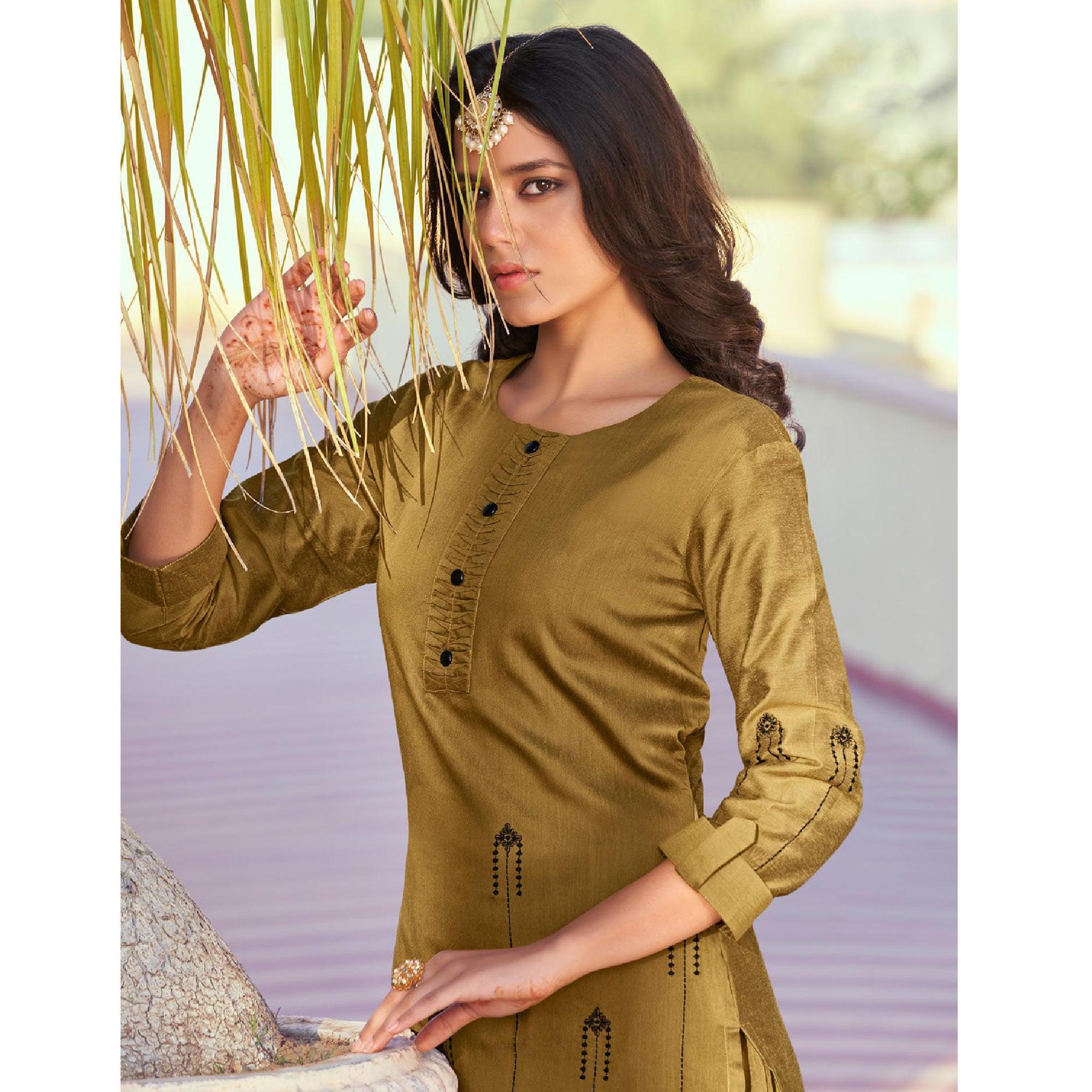 Mehendi Green Embroidered Viscose Kurti Pant Set - Peachmode