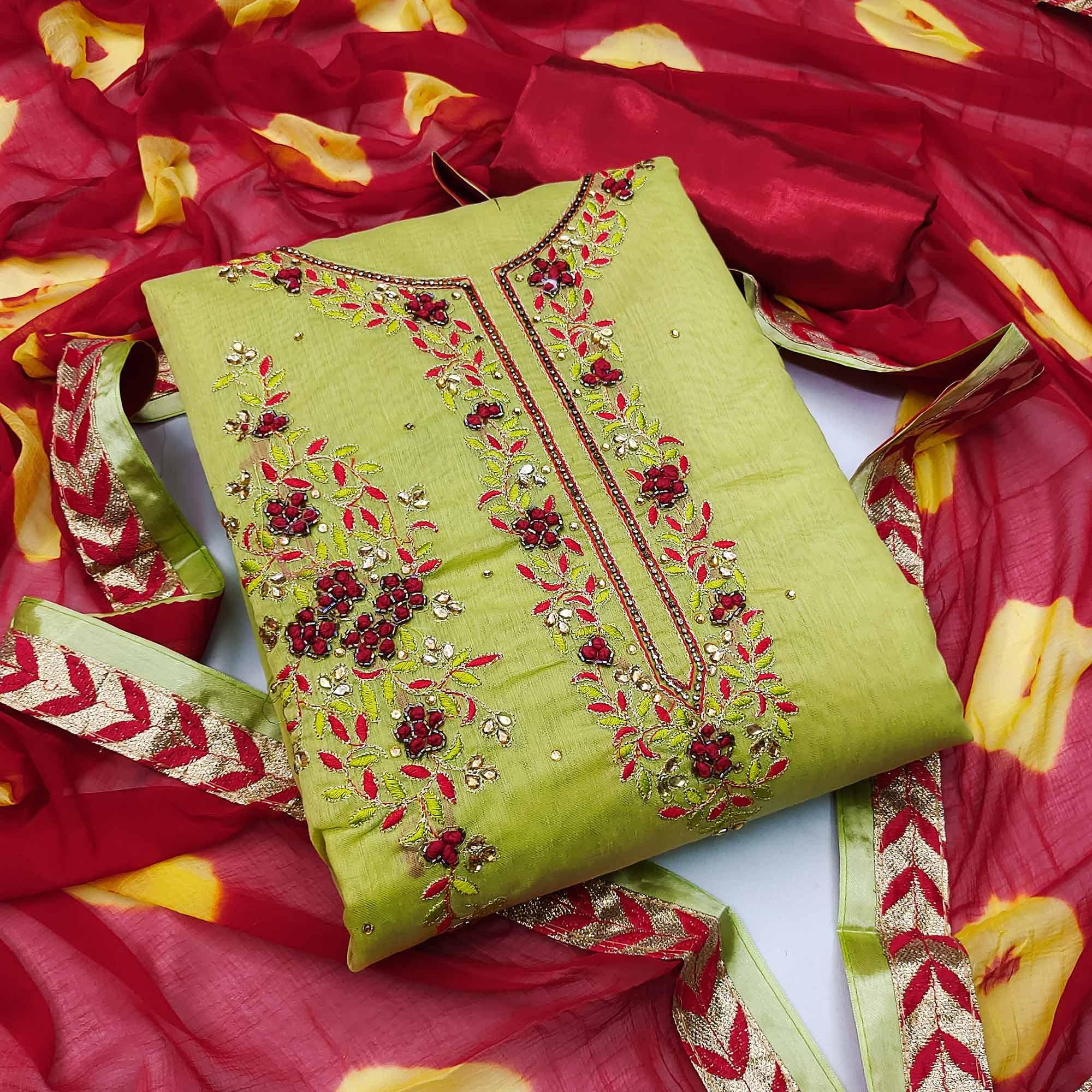 Mehendi Green Festive Wear Floral Embroidered Modal Dress Material - Peachmode