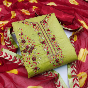 Mehendi Green Festive Wear Floral Embroidered Modal Dress Material - Peachmode