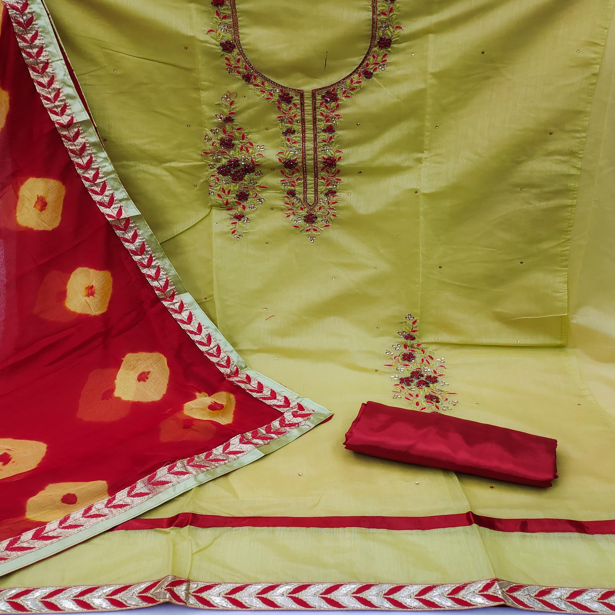 Mehendi Green Festive Wear Floral Embroidered Modal Dress Material - Peachmode