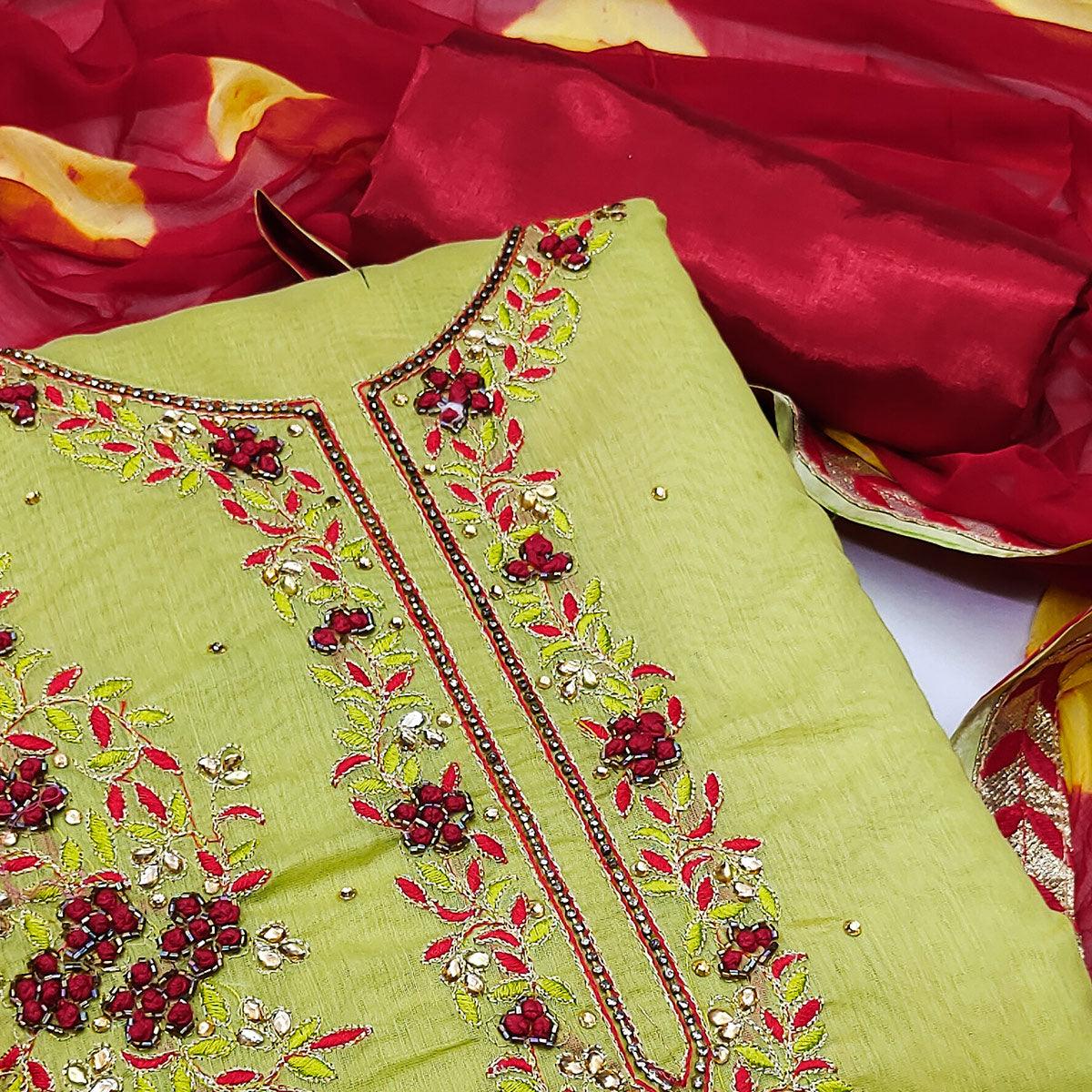 Mehendi Green Festive Wear Floral Embroidered Modal Dress Material - Peachmode