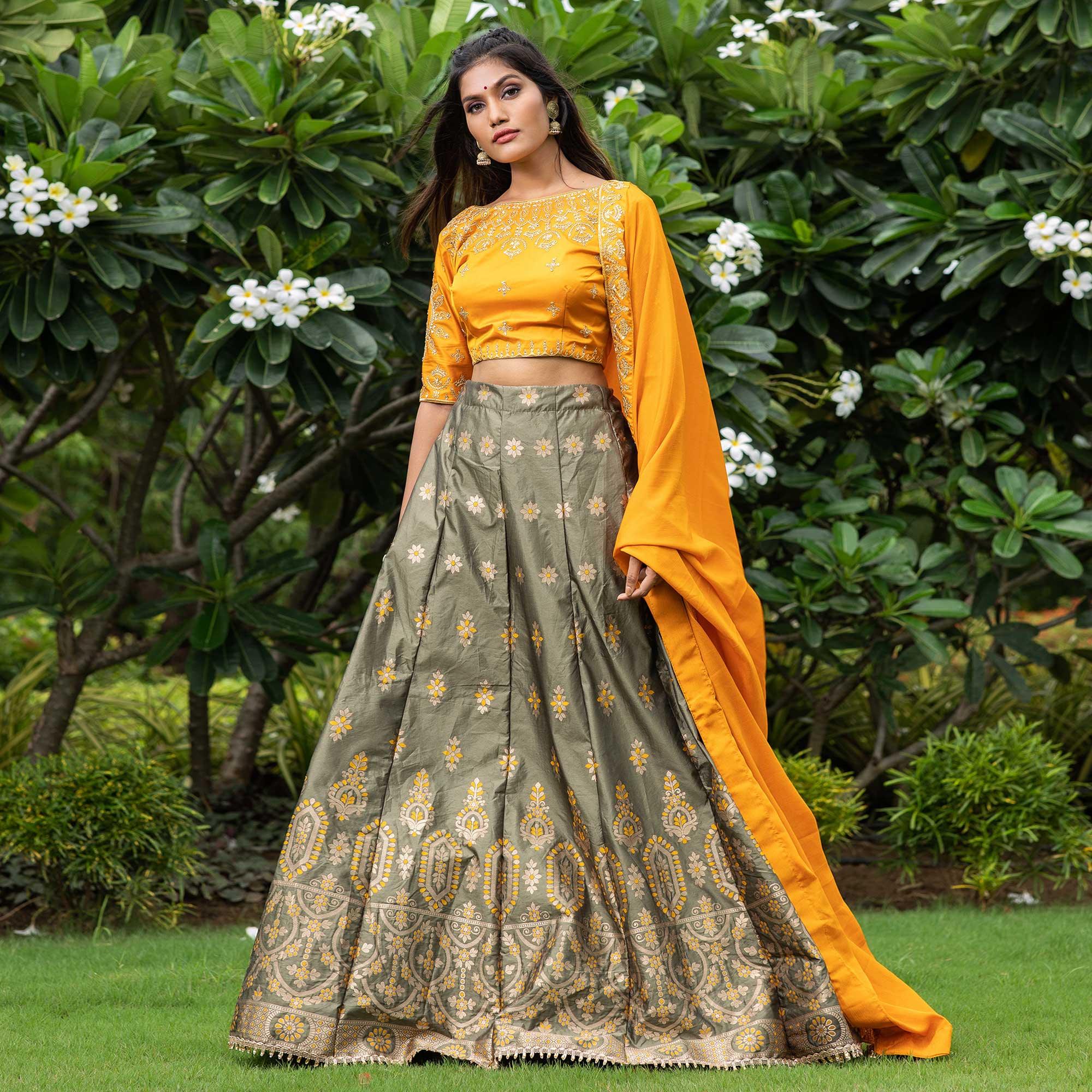 Mehendi Green Festive Wear Floral Embroidery With Woven Silk Lehenga Choli - Peachmode