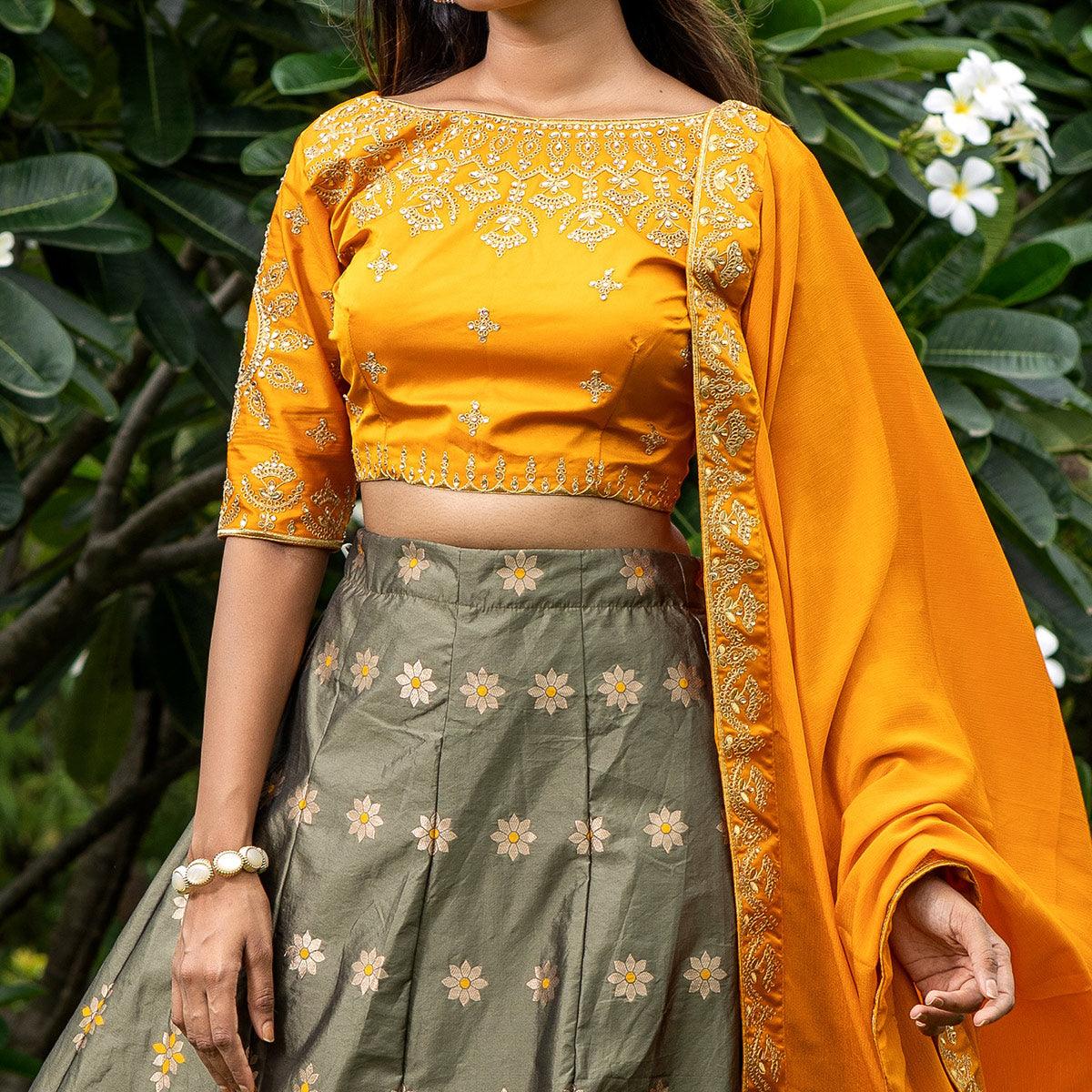 Mehendi Green Festive Wear Floral Embroidery With Woven Silk Lehenga Choli - Peachmode