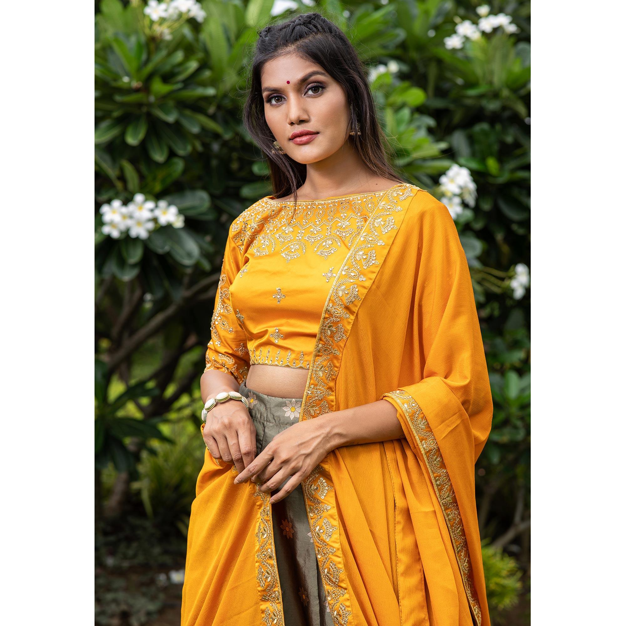 Mehendi Green Festive Wear Floral Embroidery With Woven Silk Lehenga Choli - Peachmode