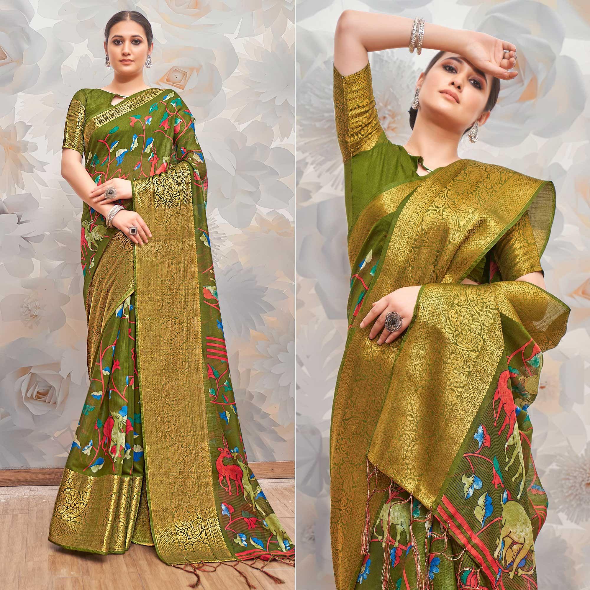 Mehendi Green Festive Wear Printed Cotton Silk Saree - Peachmode