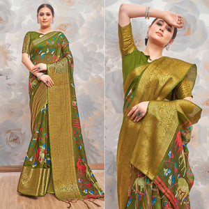 Mehendi Green Festive Wear Printed Cotton Silk Saree - Peachmode