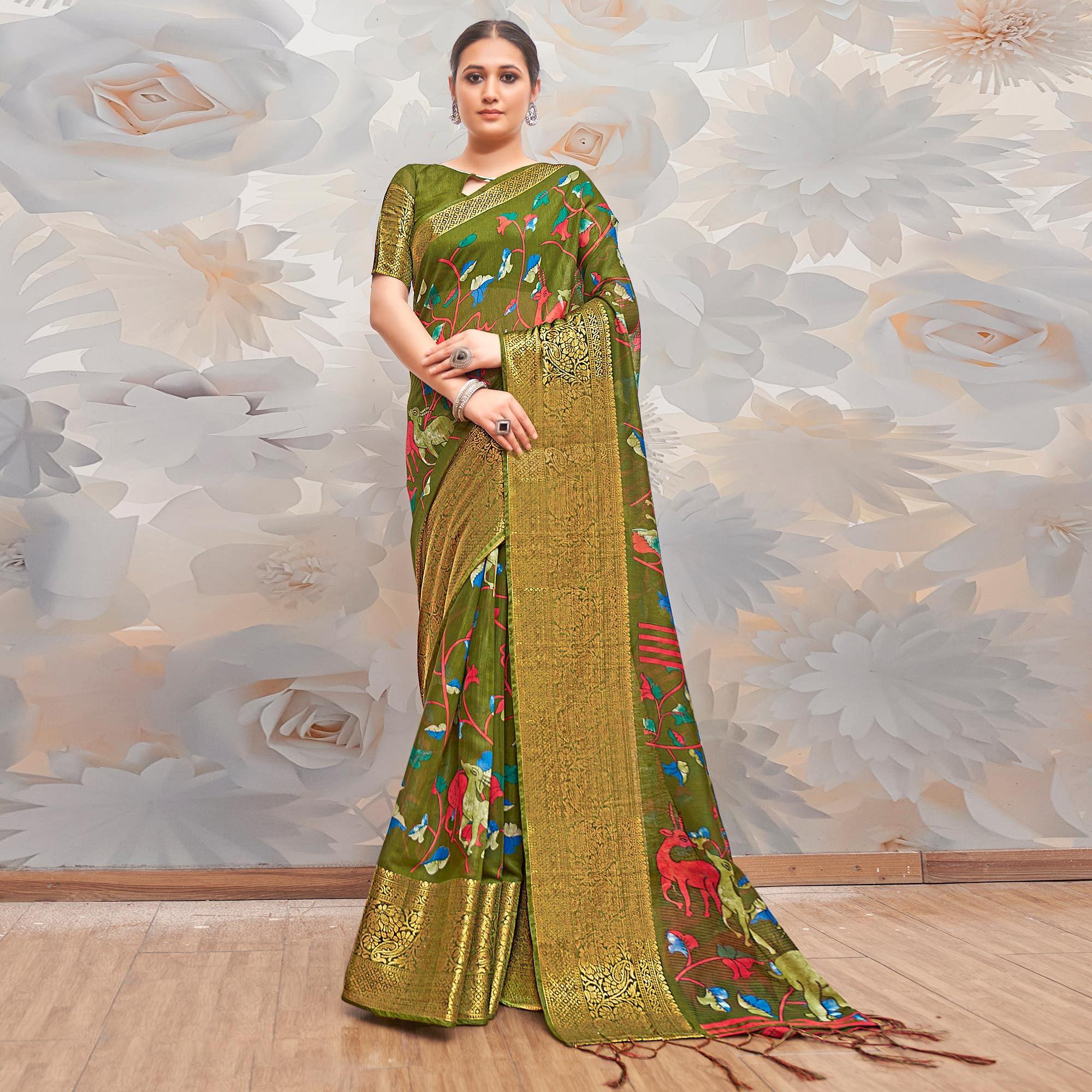 Mehendi Green Festive Wear Printed Cotton Silk Saree - Peachmode