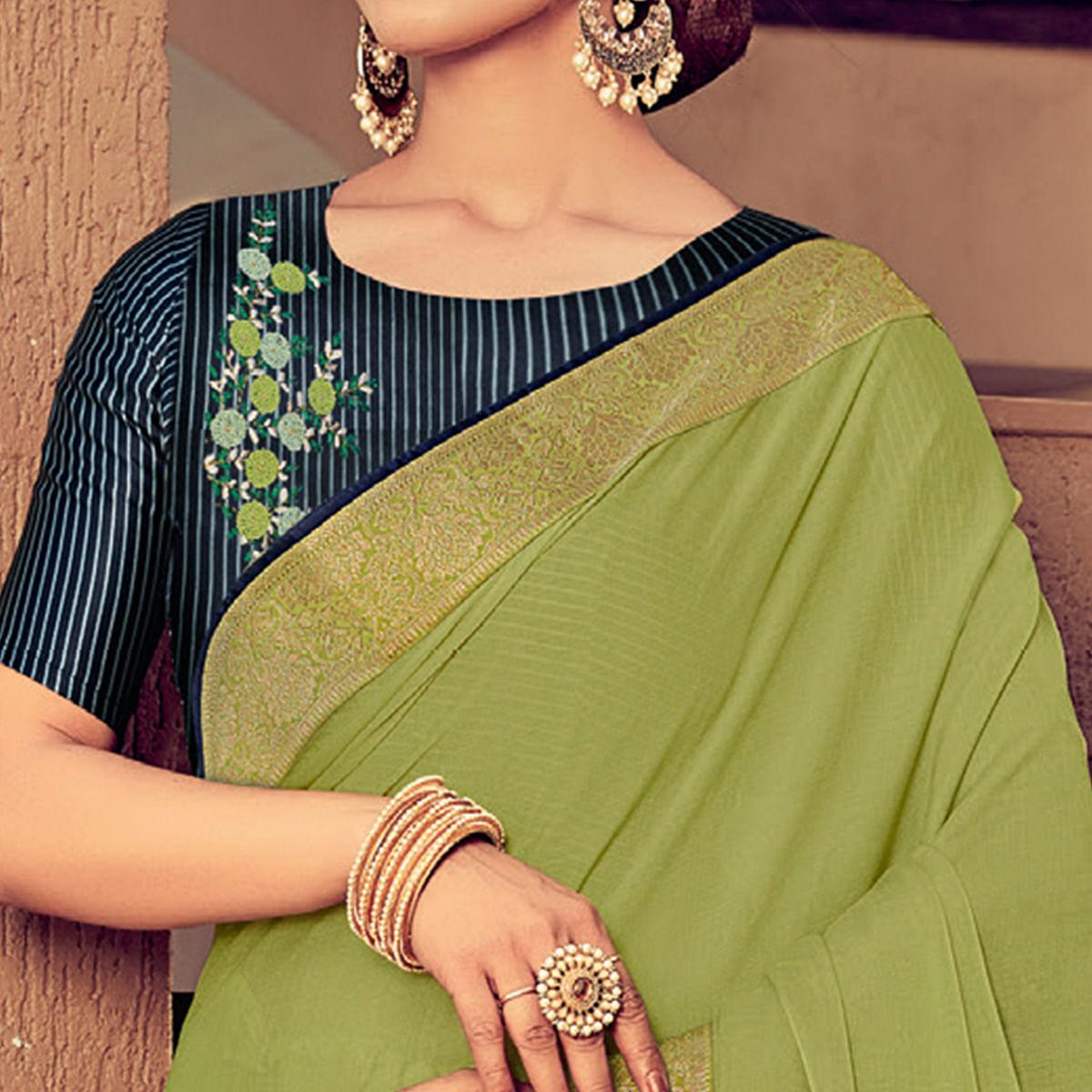 Mehendi Green Festive Wear Solid Chiffon Saree With Border - Peachmode