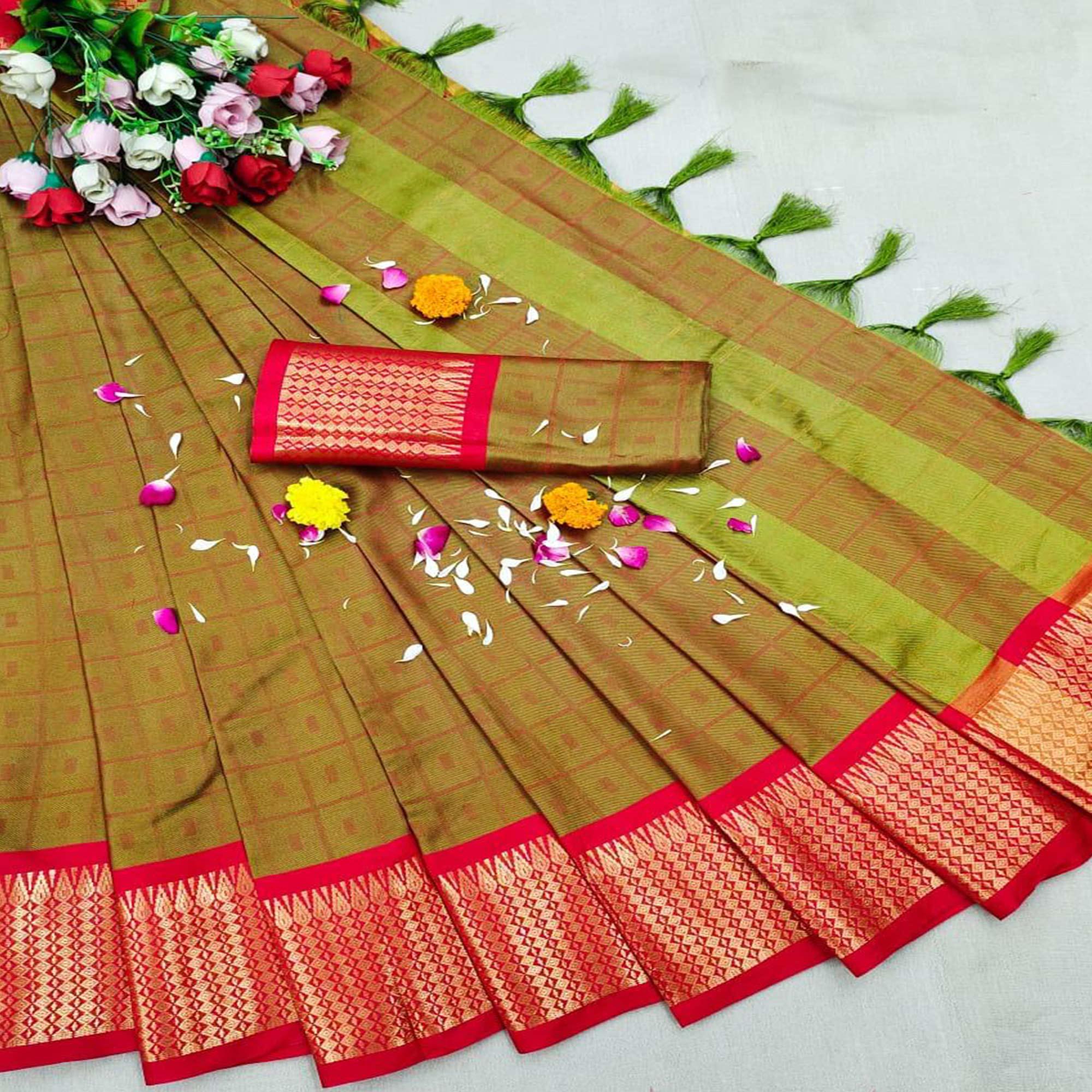 Mehendi Green Festive Wear Woven Cotton Silk Saree - Peachmode