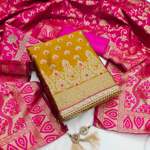 Mehendi Green Festive Wear Woven Jacquard Dress Material - Peachmode
