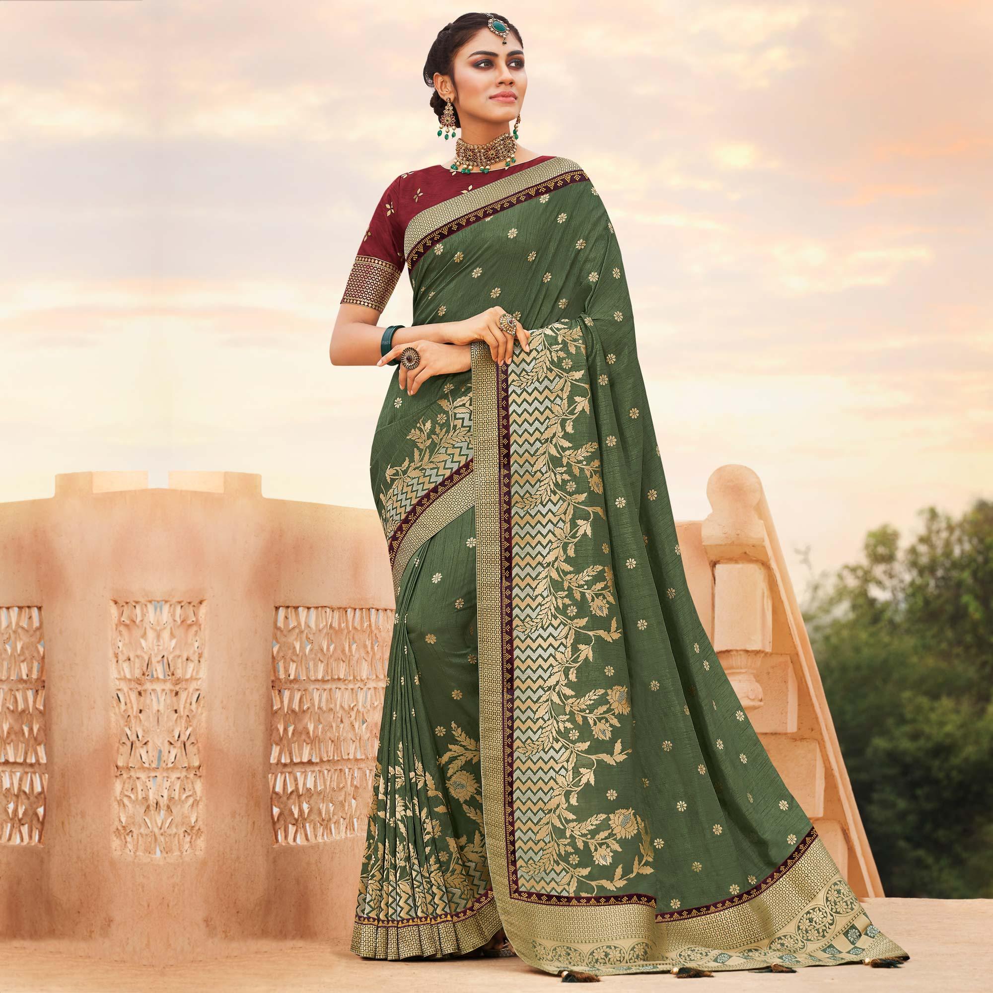 Mehendi Green Festive Wear Woven Silk Saree - Peachmode