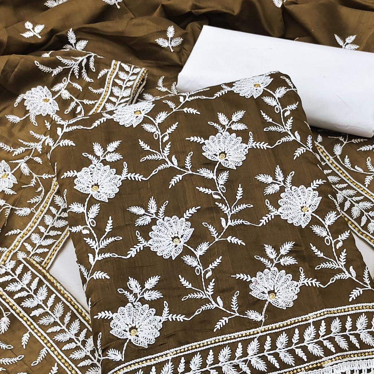 Mehendi Green Floral Embroidered Muslin Dress Material - Peachmode