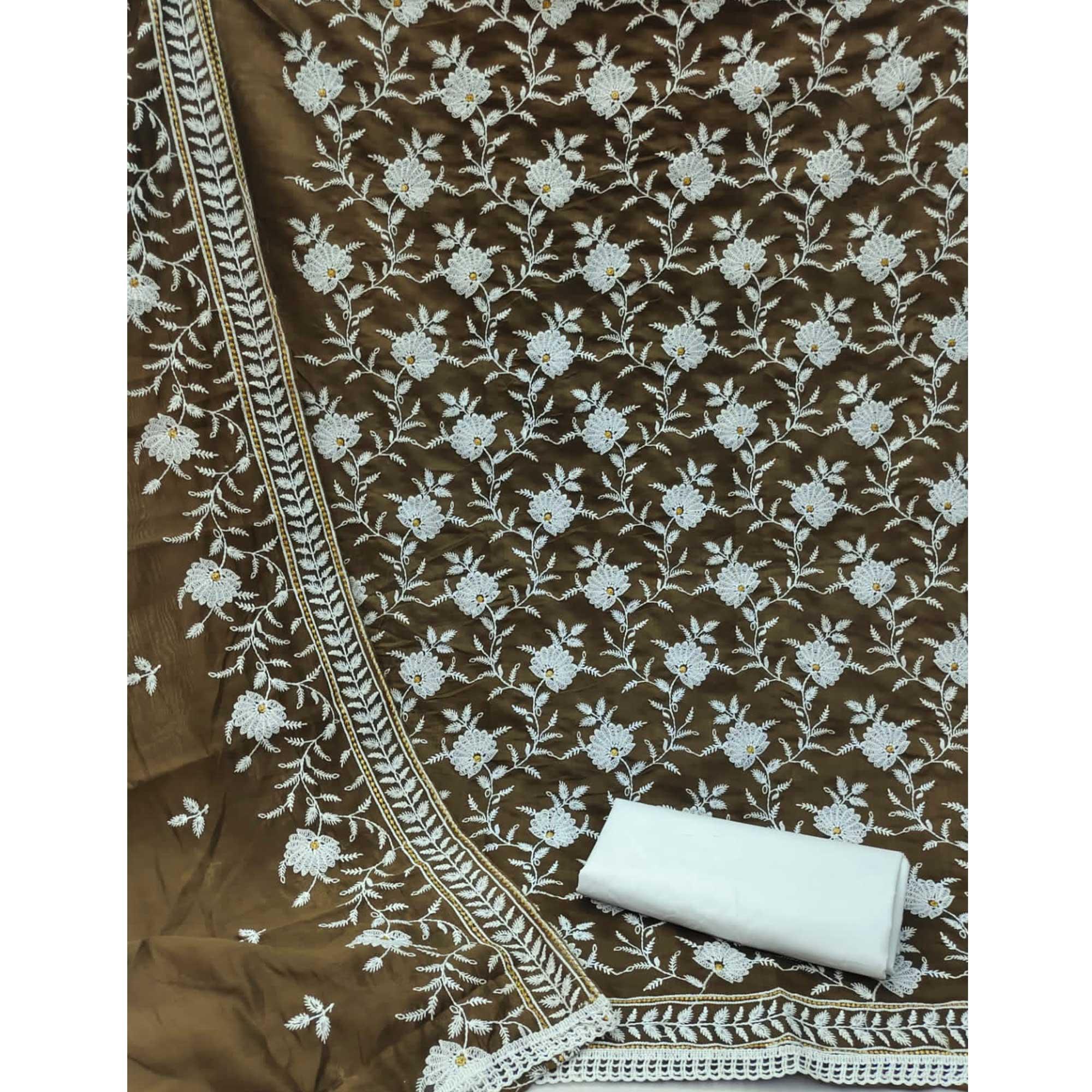 Mehendi Green Floral Embroidered Muslin Dress Material - Peachmode
