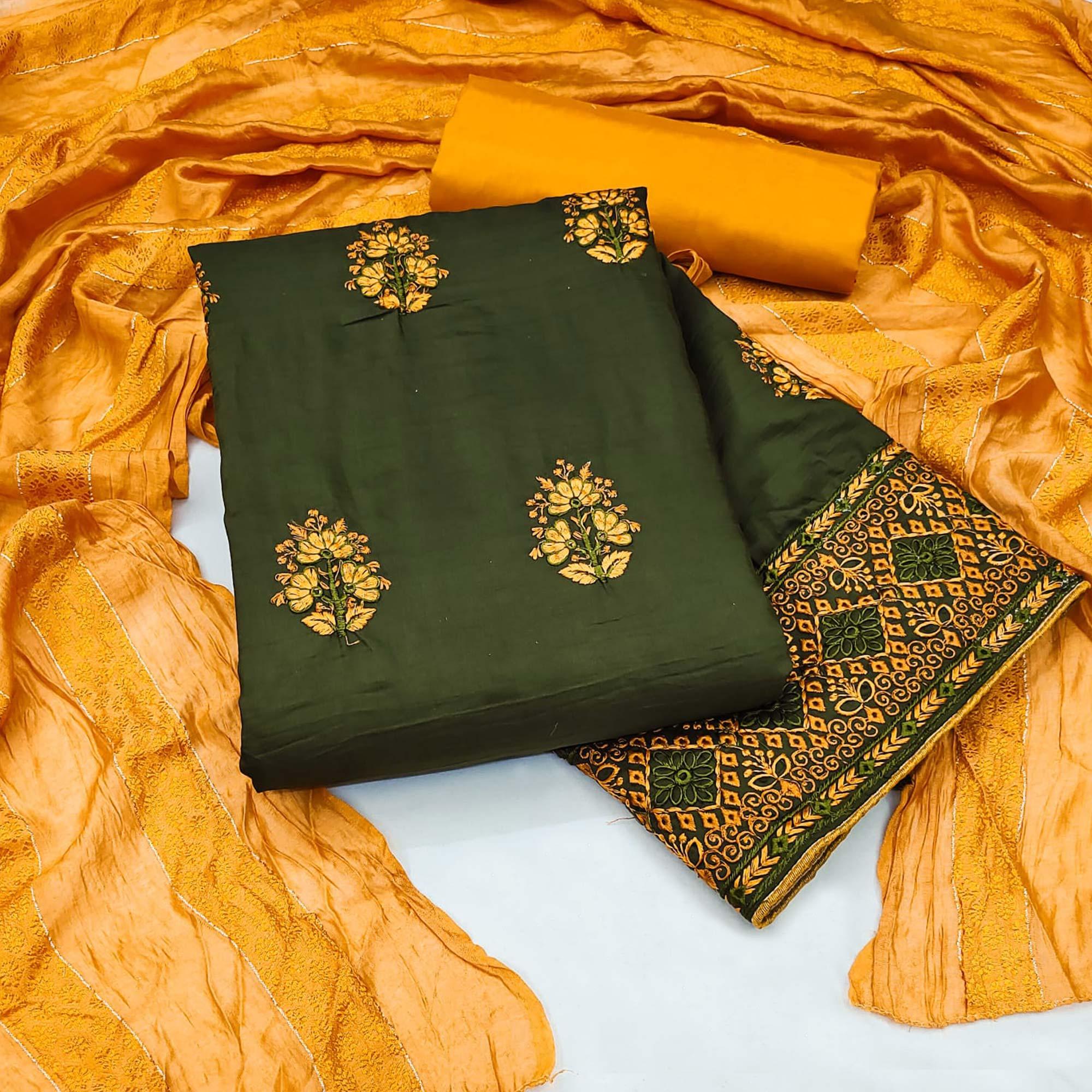 Mehendi Green Floral Embroidered Pure Silk Dress Material - Peachmode