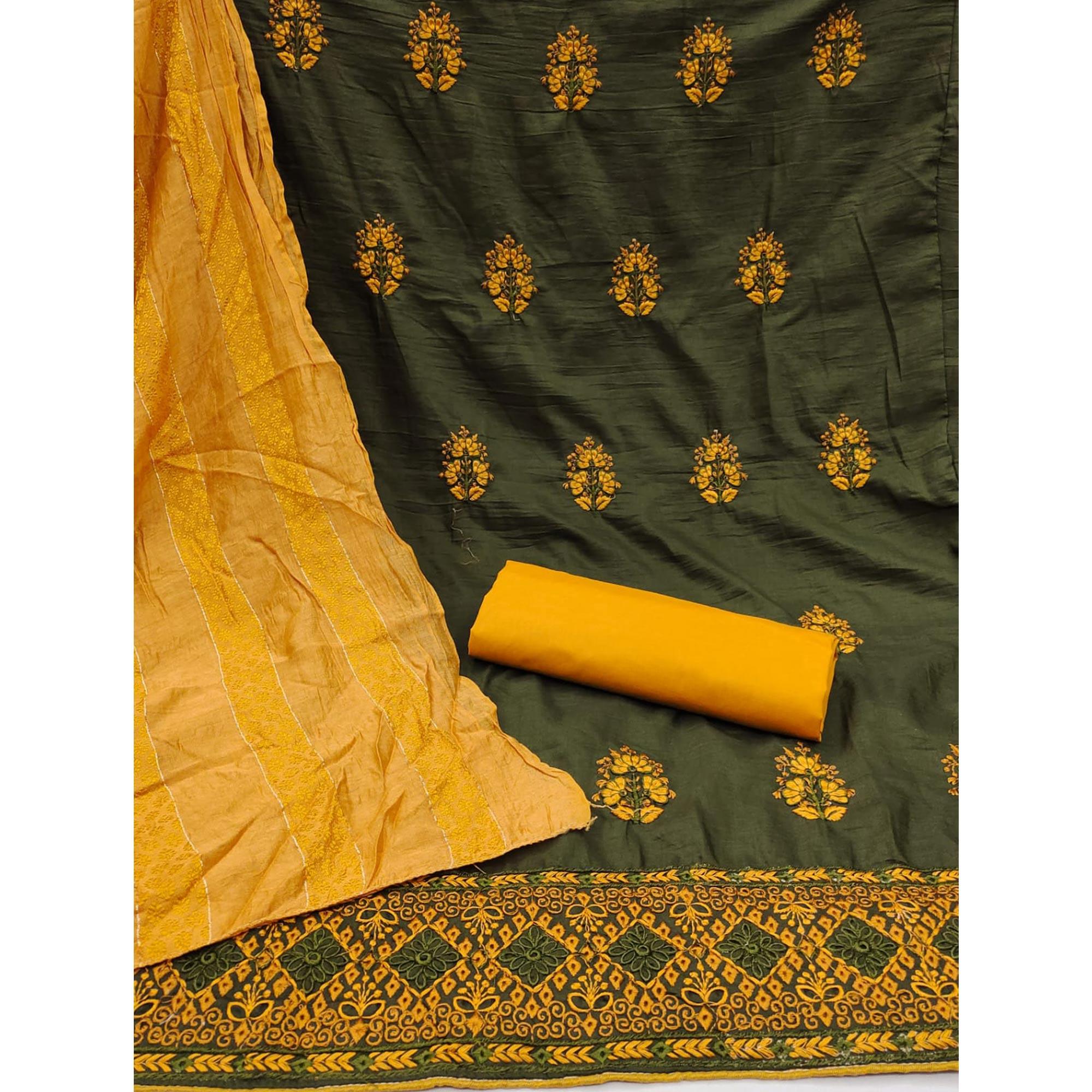 Mehendi Green Floral Embroidered Pure Silk Dress Material - Peachmode