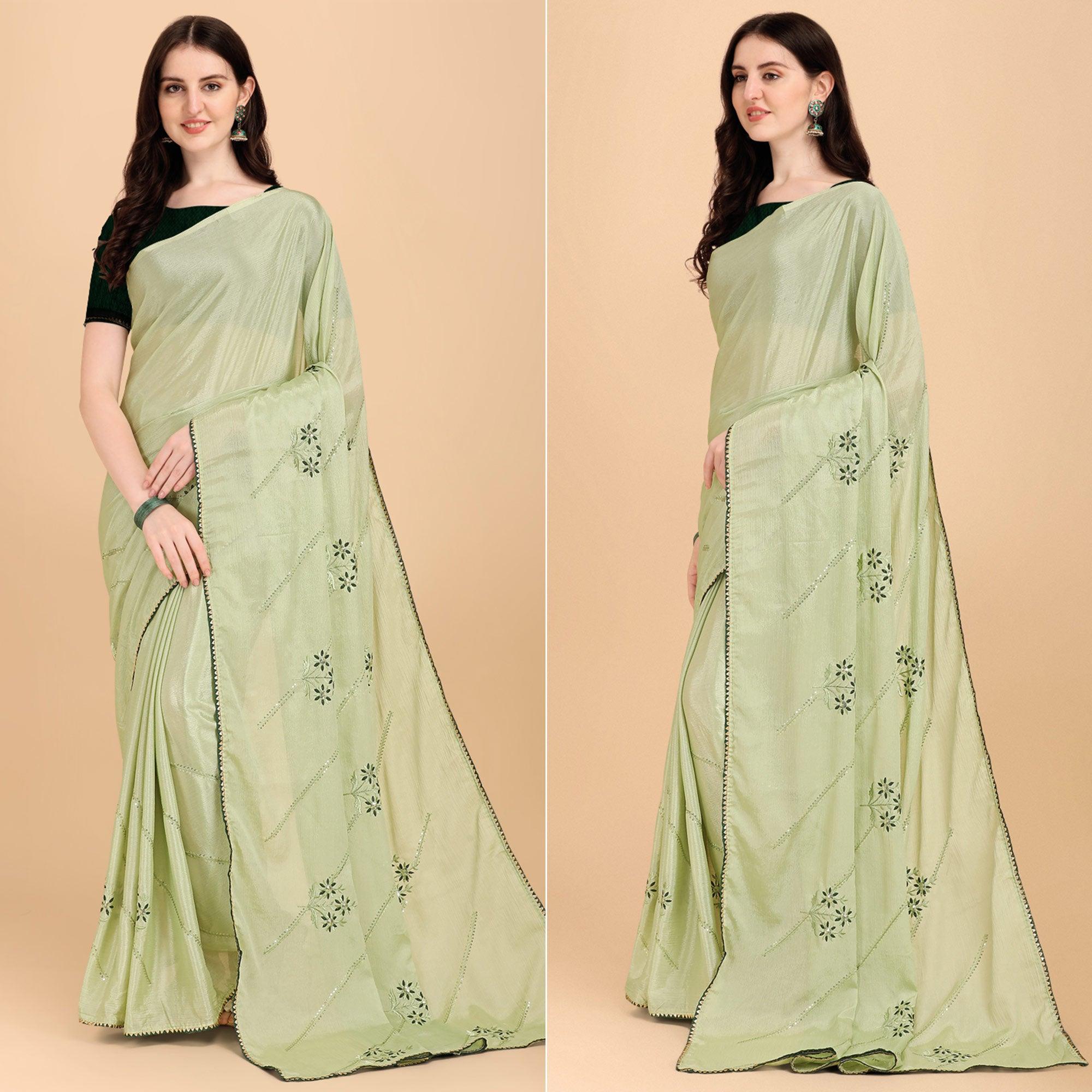 Mehendi Green Floral Sequence Embroidered Chiffon Saree - Peachmode