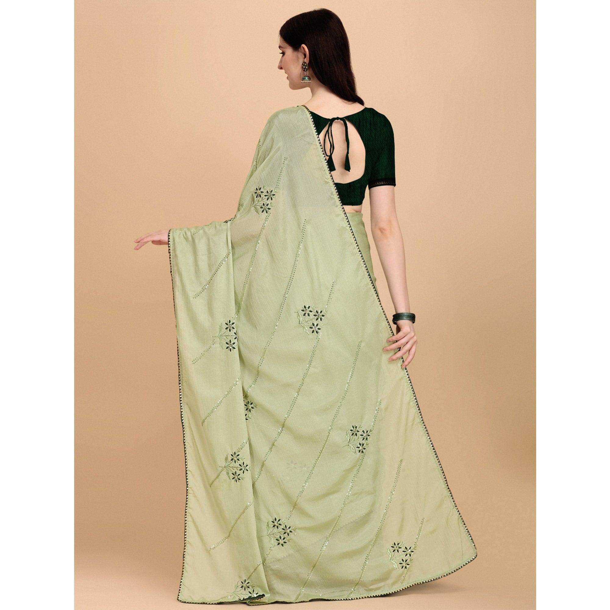 Mehendi Green Floral Sequence Embroidered Chiffon Saree - Peachmode
