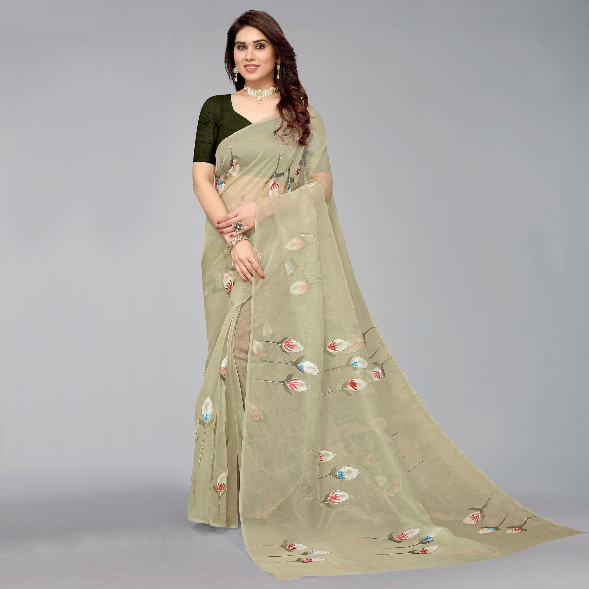 Mehendi Green Hand Printed Organza Saree - Peachmode